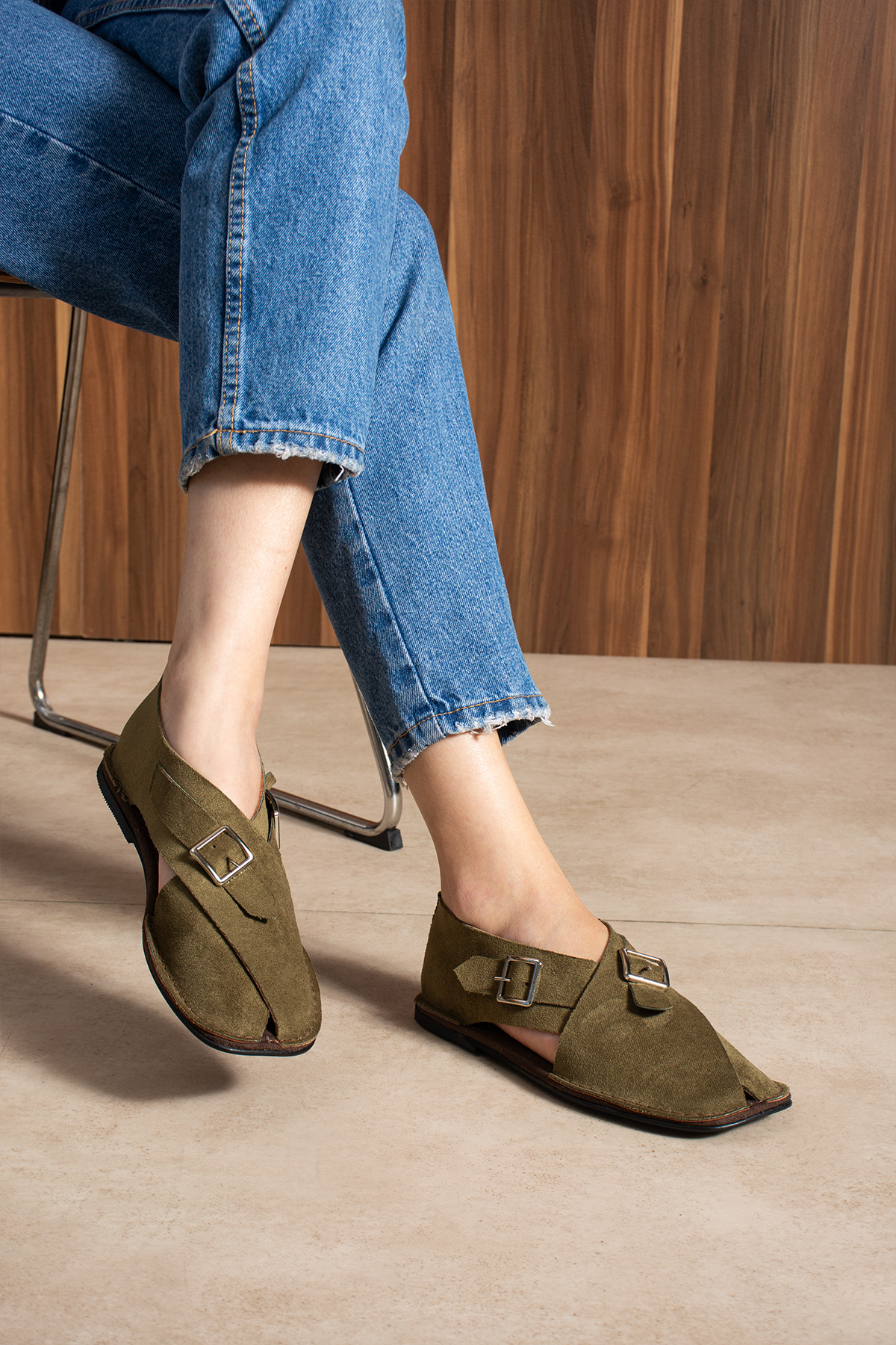 DUXAL SHOES Cooper İçi Hakiki Deri Süet Kadın Sandalet Tokalı Günlük Rahat Ayakkabı - Babet görsel 2