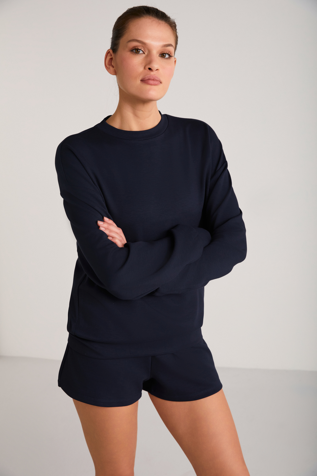 ETHIQUET MAİSİE Kadın Scuba Kumaşlı Aşırı yumuşak Yuvarlak Yakalı Oversize LACİVERT Sweatshirt görsel 5
