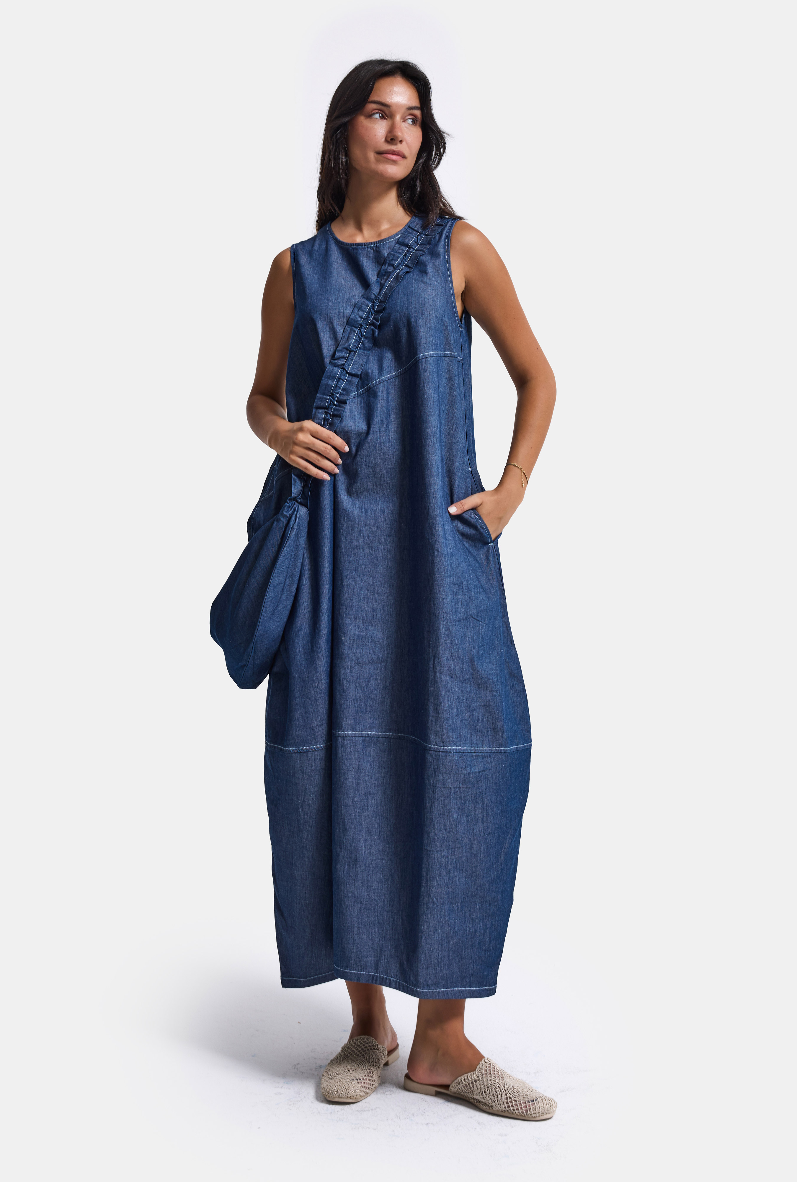 It's Basic Kadın Koyu Mavi Oversize 2'li Tasarım Çanta ve Elbise görsel 2