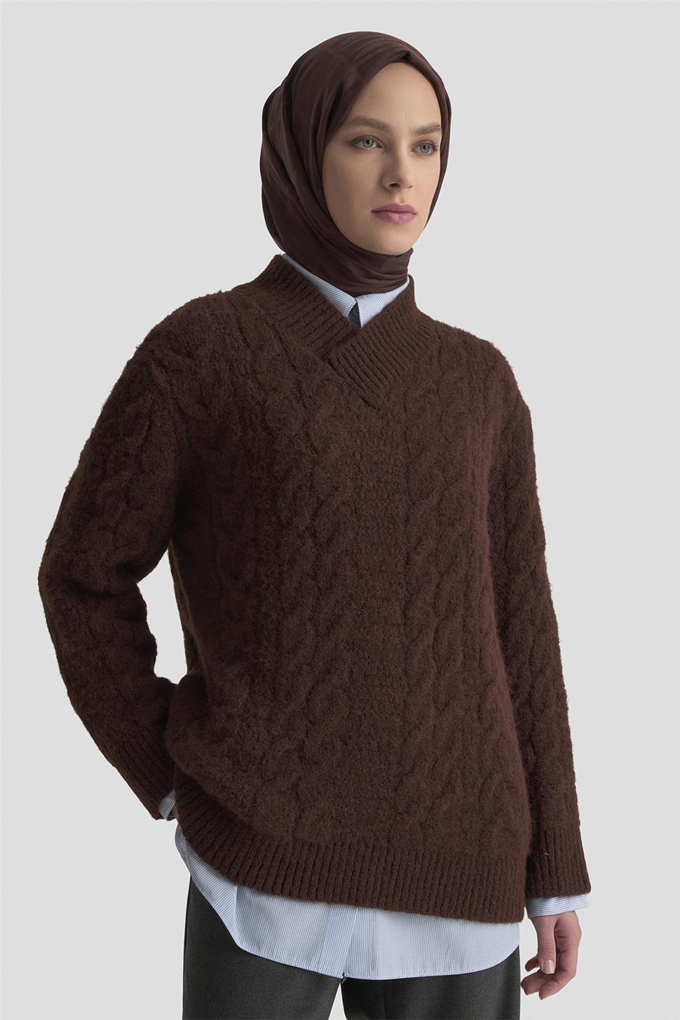 ARMİNE Saç Örgü Desenli Kazak 25Kd6002 Kızıl Kahve