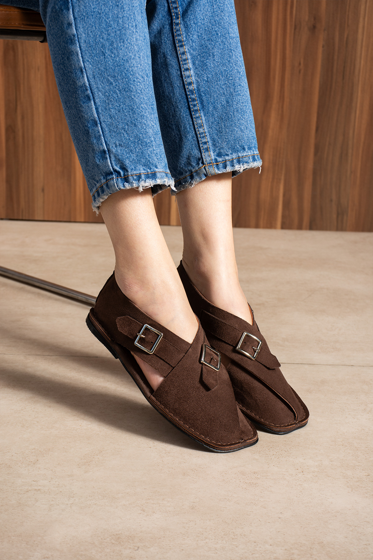 DUXAL SHOES Cooper İçi Hakiki Deri Süet Kadın Sandalet Tokalı Günlük Rahat Ayakkabı - Babet görsel 2