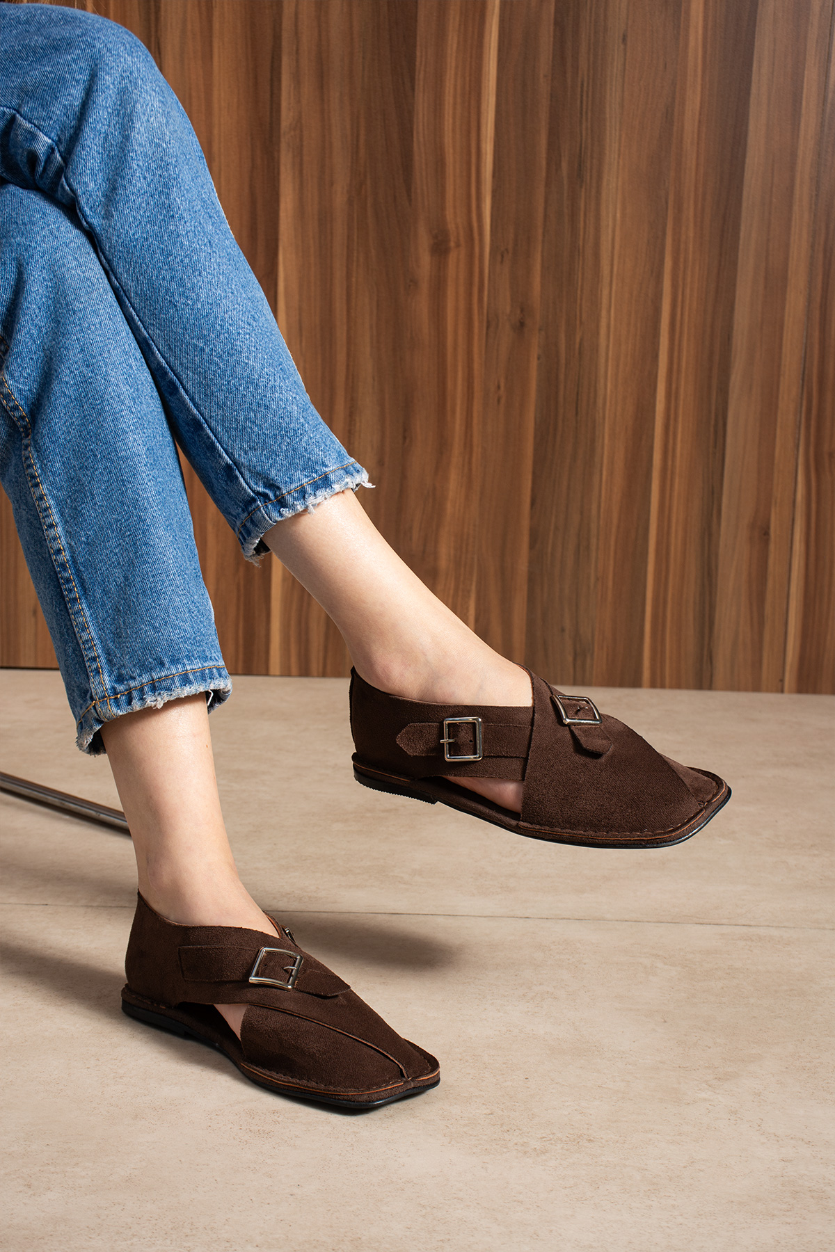 DUXAL SHOES Cooper İçi Hakiki Deri Süet Kadın Sandalet Tokalı Günlük Rahat Ayakkabı - Babet görsel 3
