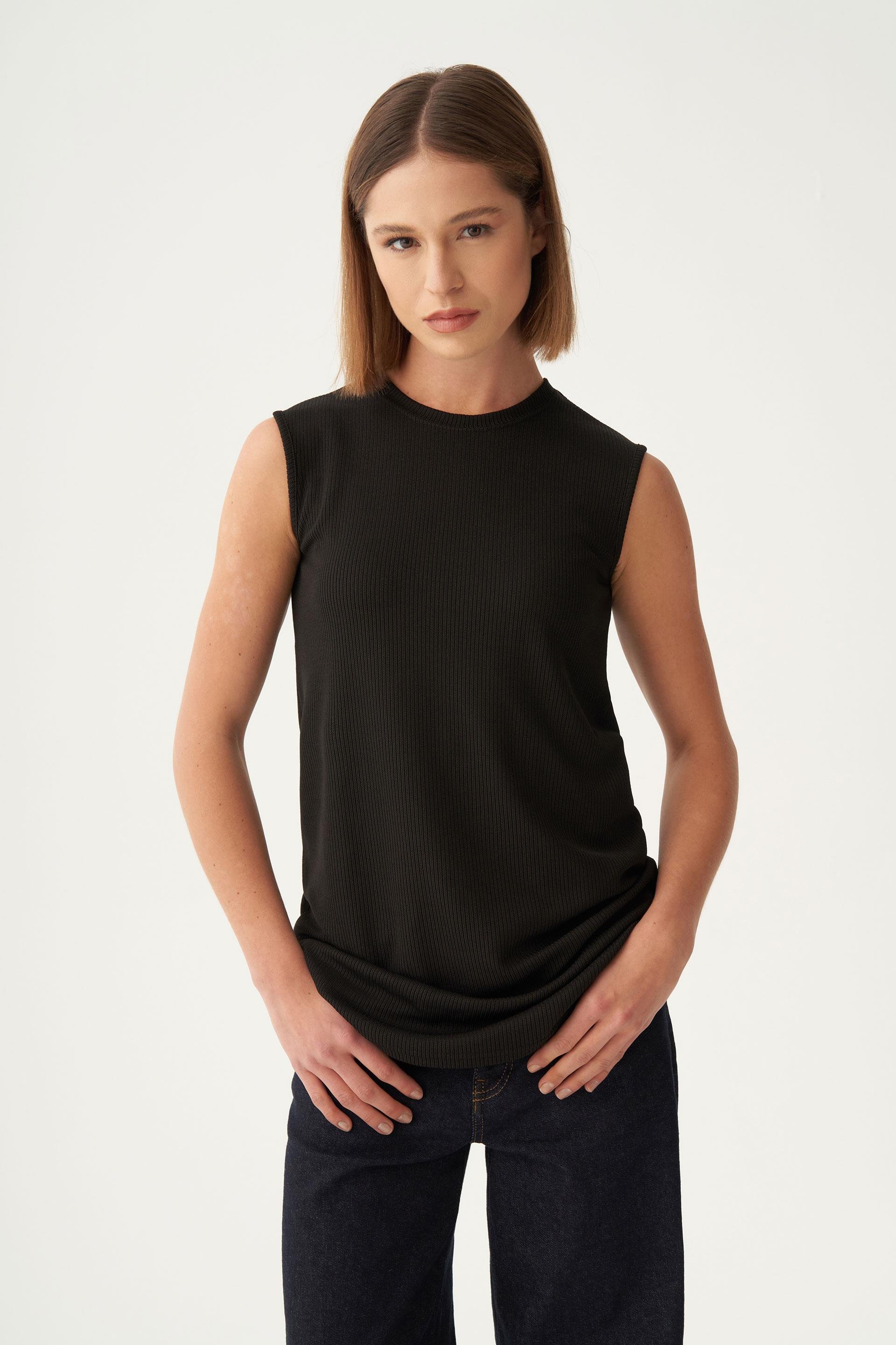 ALLDAY Siyah-Pamuklu Fitilli Kolsuz Elastanlı T-Shirt