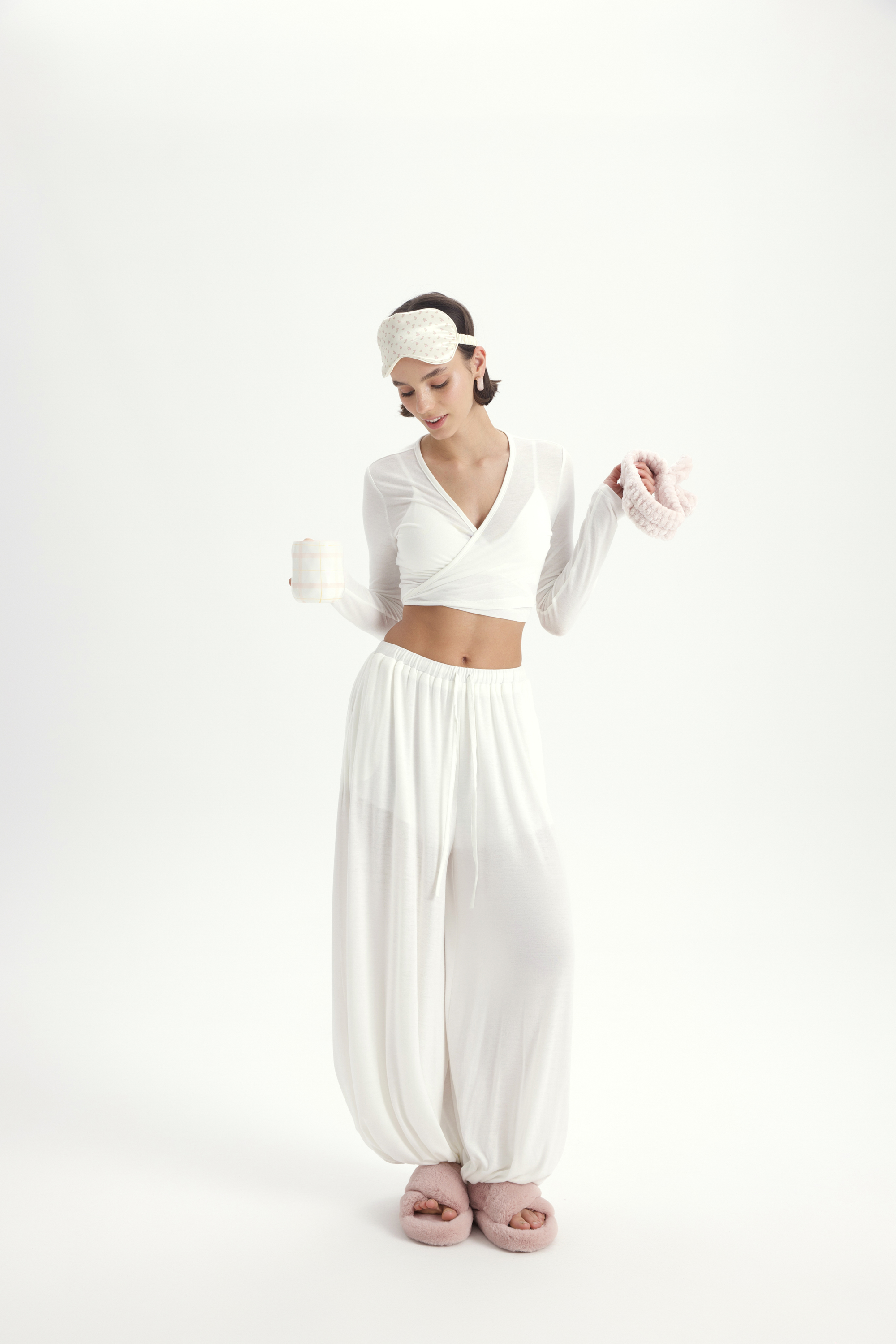Mai Collection Vena Bağlamalı Ekru Crop Şalvar Pantolon Takım