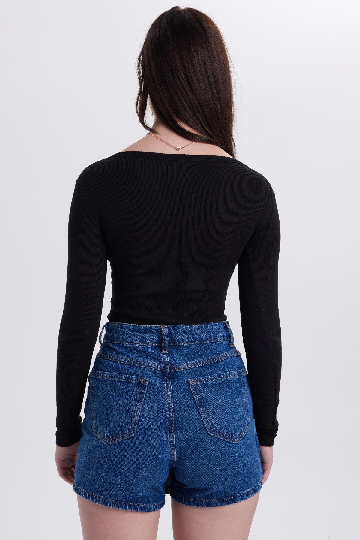 TUDORS Kadın Slim Fit Dar Kesim Pamuklu V Yaka Siyah Bluz görsel 7