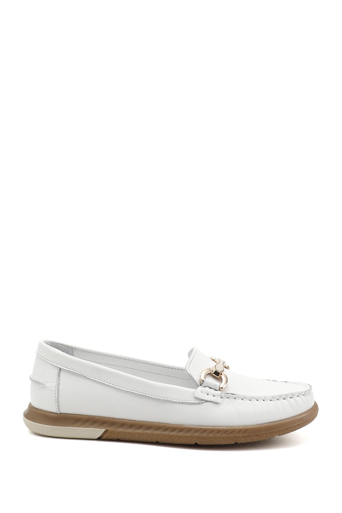 GÖNDERİ(R) Kadın BEYAZ-AÇIK GRİ Tokalı Rok Hakiki Deri Comfort Loafer