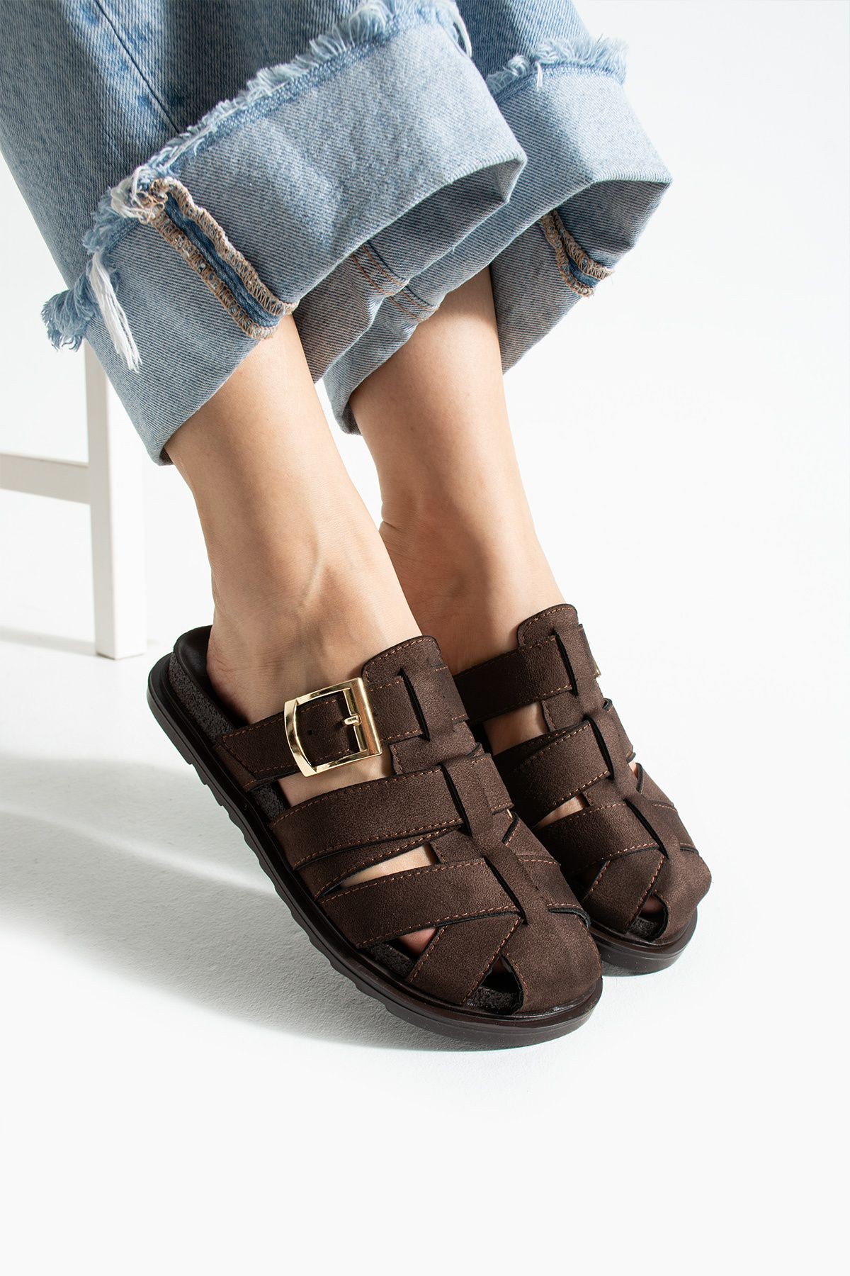 DUXAL SHOES Julia Kadın Kahverengi Tokalı Detaylı Terlik Sandalet görsel 4
