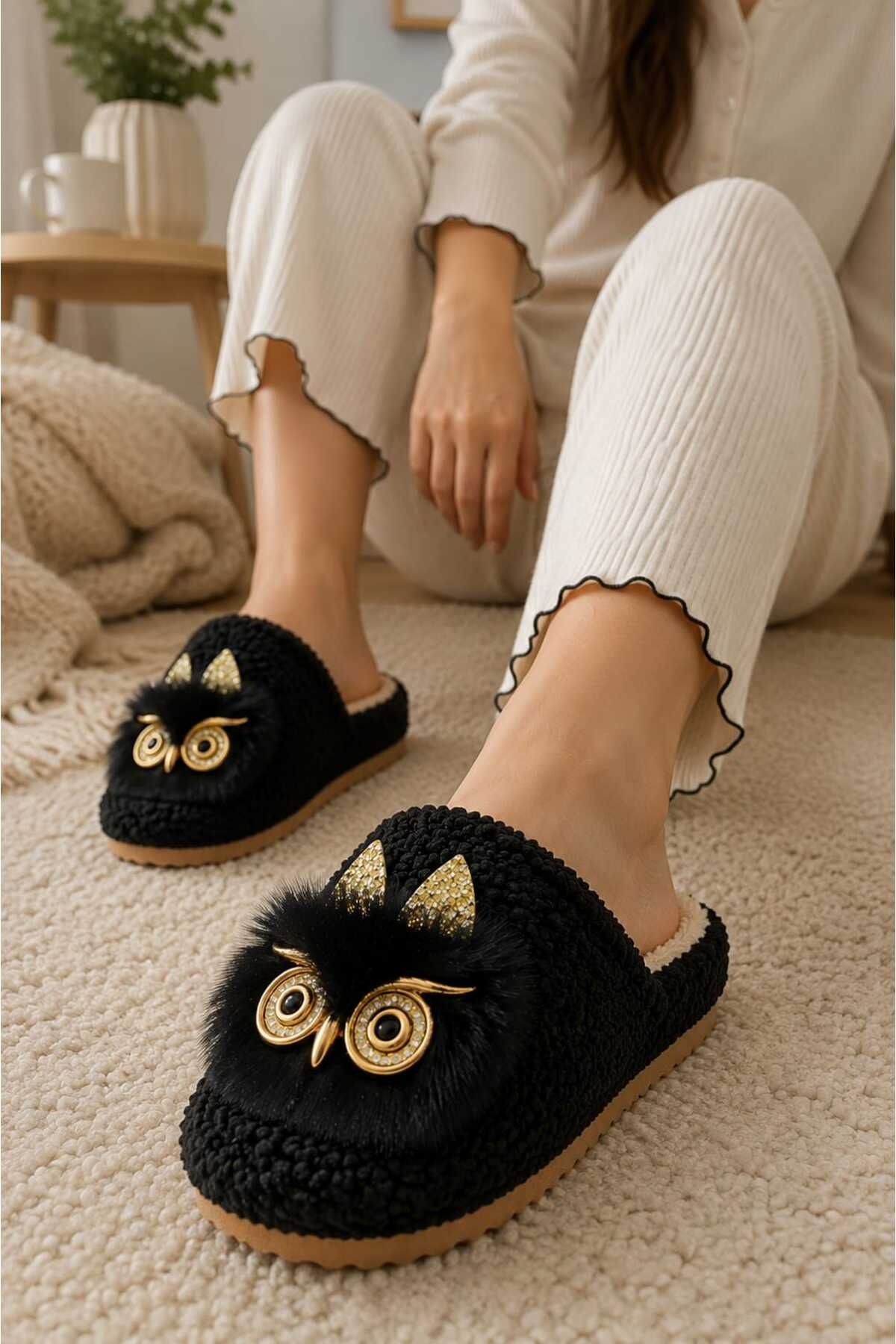 Slipcat Kadın, Baykuş Figürlü, Pelüş Konforlu, Ev Giyim, Pelüş Ev Terliği görsel 5