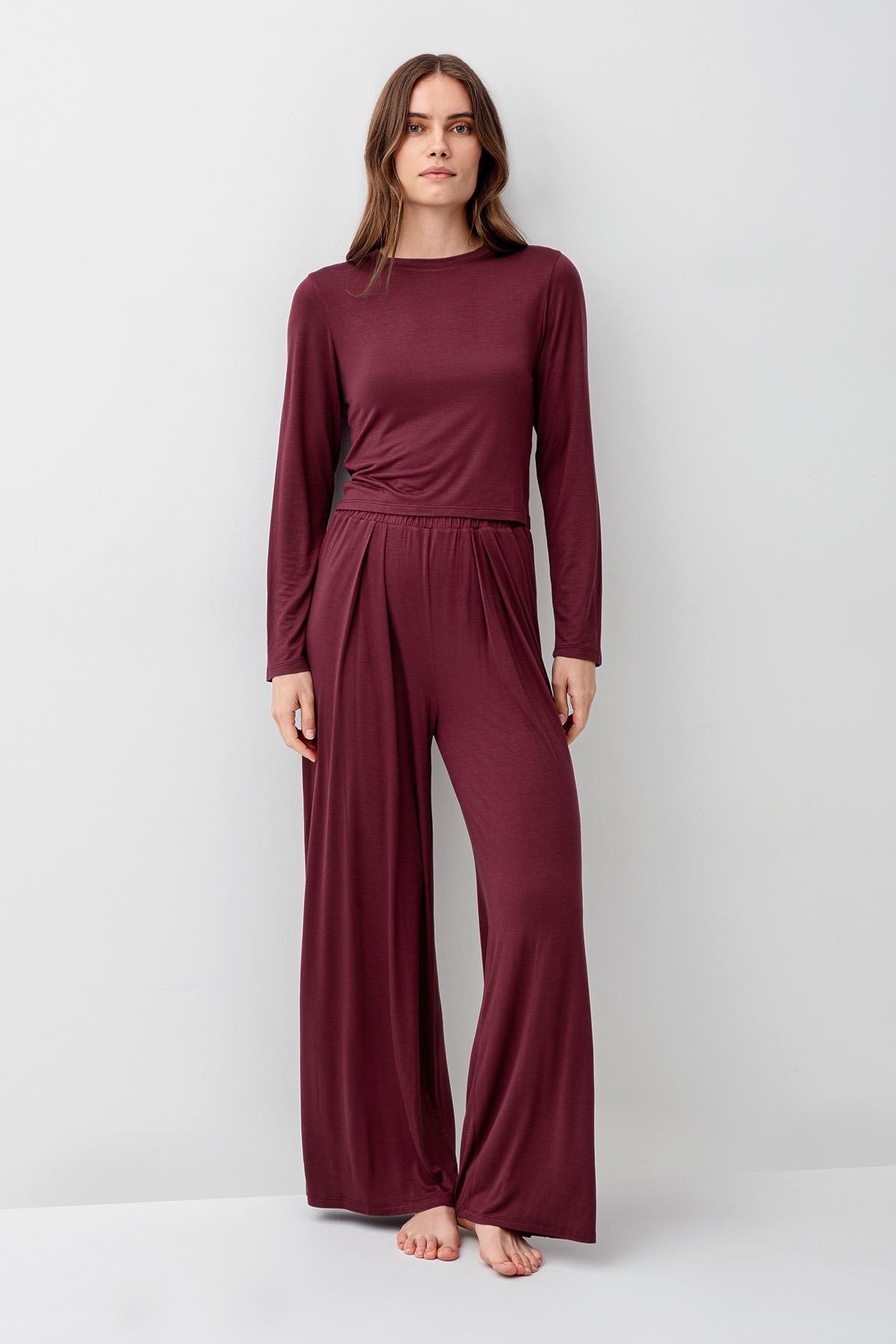 Artış Uzun Kollu Crop Bol Paça Esnek Elastanlı Viskoz Soft Pijama Takım 18210