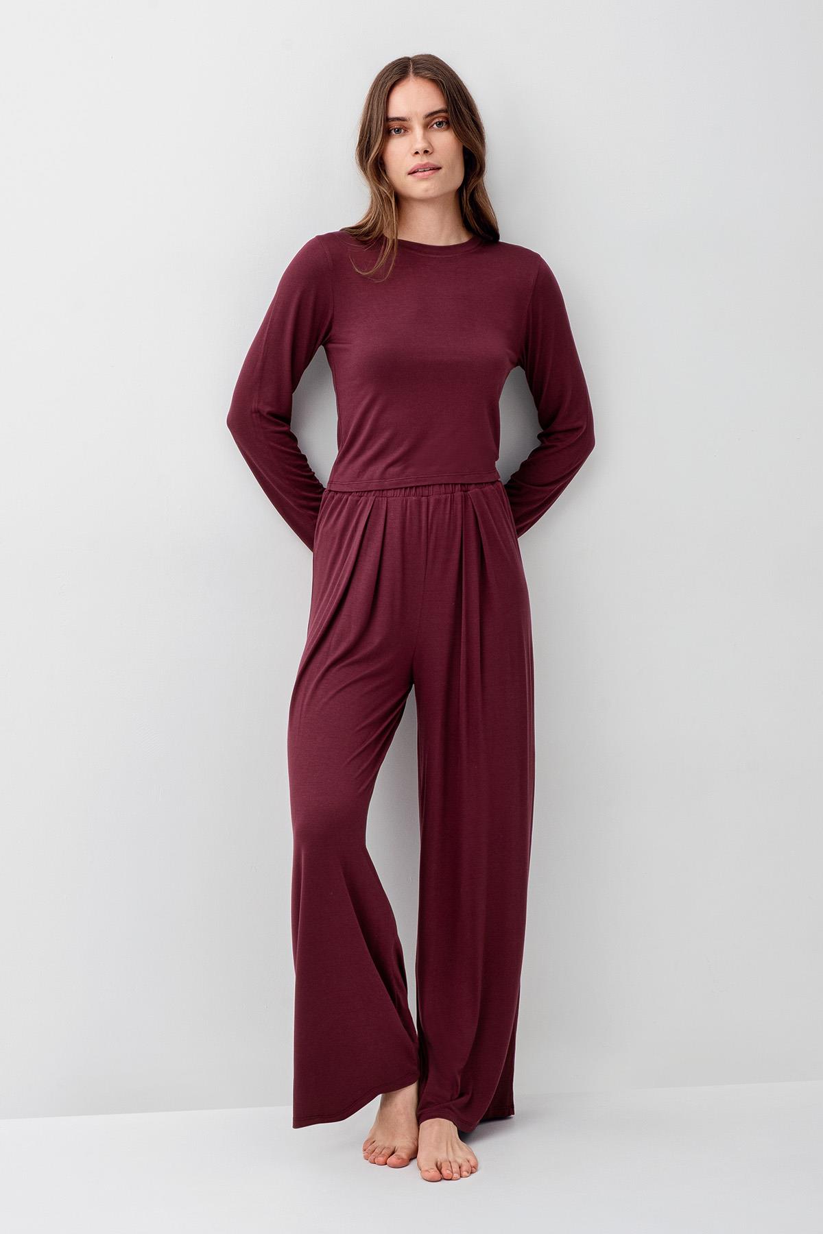 Artış Uzun Kollu Crop Bol Paça Esnek Elastanlı Viskoz Soft Pijama Takım 18210 görsel 2