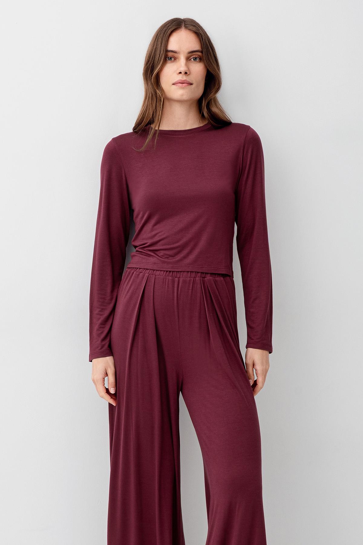 Artış Uzun Kollu Crop Bol Paça Esnek Elastanlı Viskoz Soft Pijama Takım 18210 görsel 3