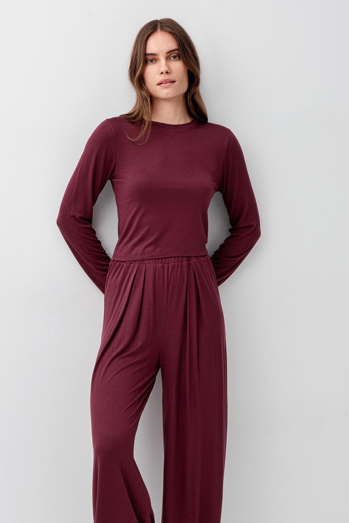 Artış Uzun Kollu Crop Bol Paça Esnek Elastanlı Viskoz Soft Pijama Takım 18210 görsel 4