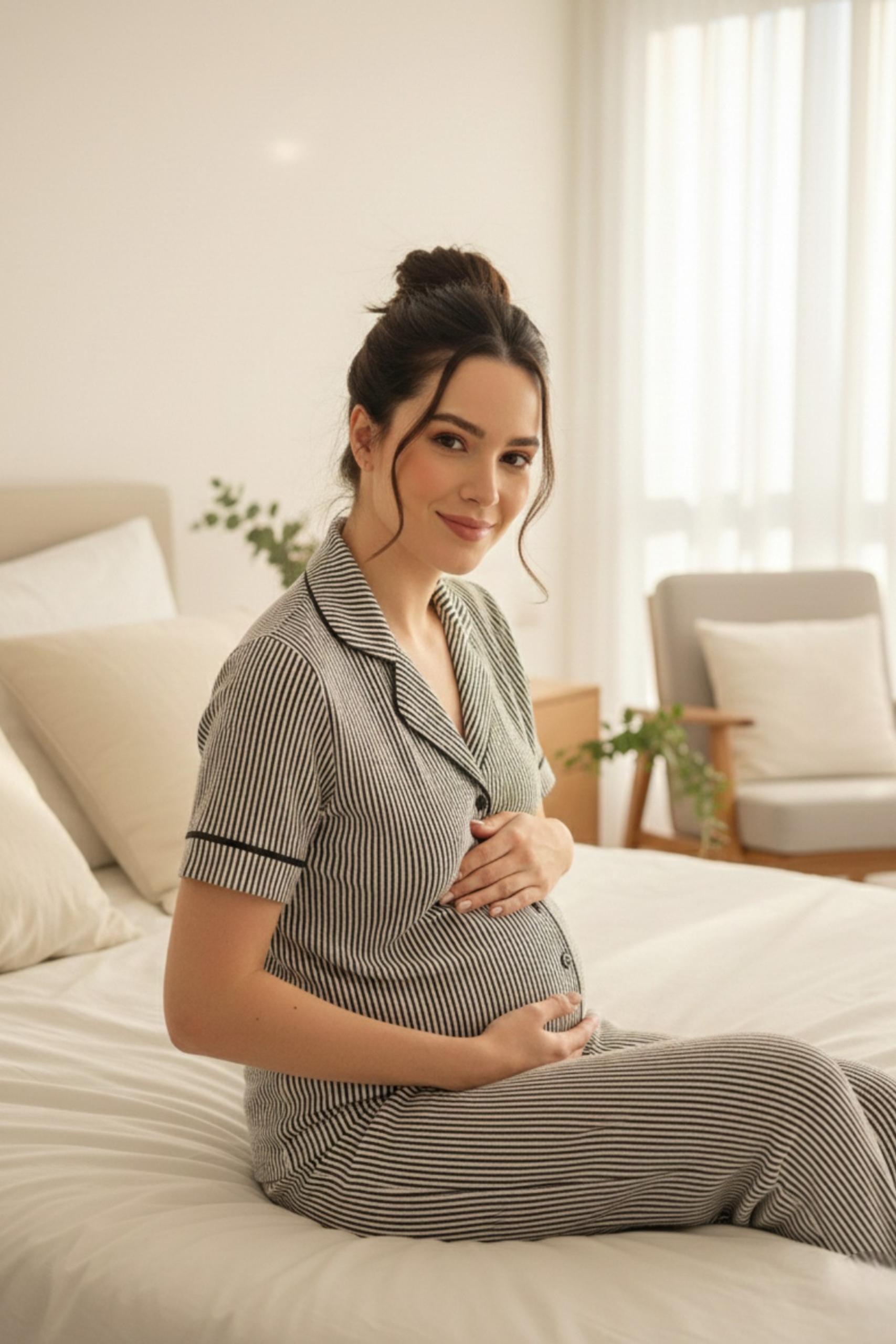 MİSS DÜNYA LİSSA Pure Comfort Önden Düğmeli Gömlek Yaka Çizgili Kısa Kol Hamile ve Lohusa Pijama Takımı