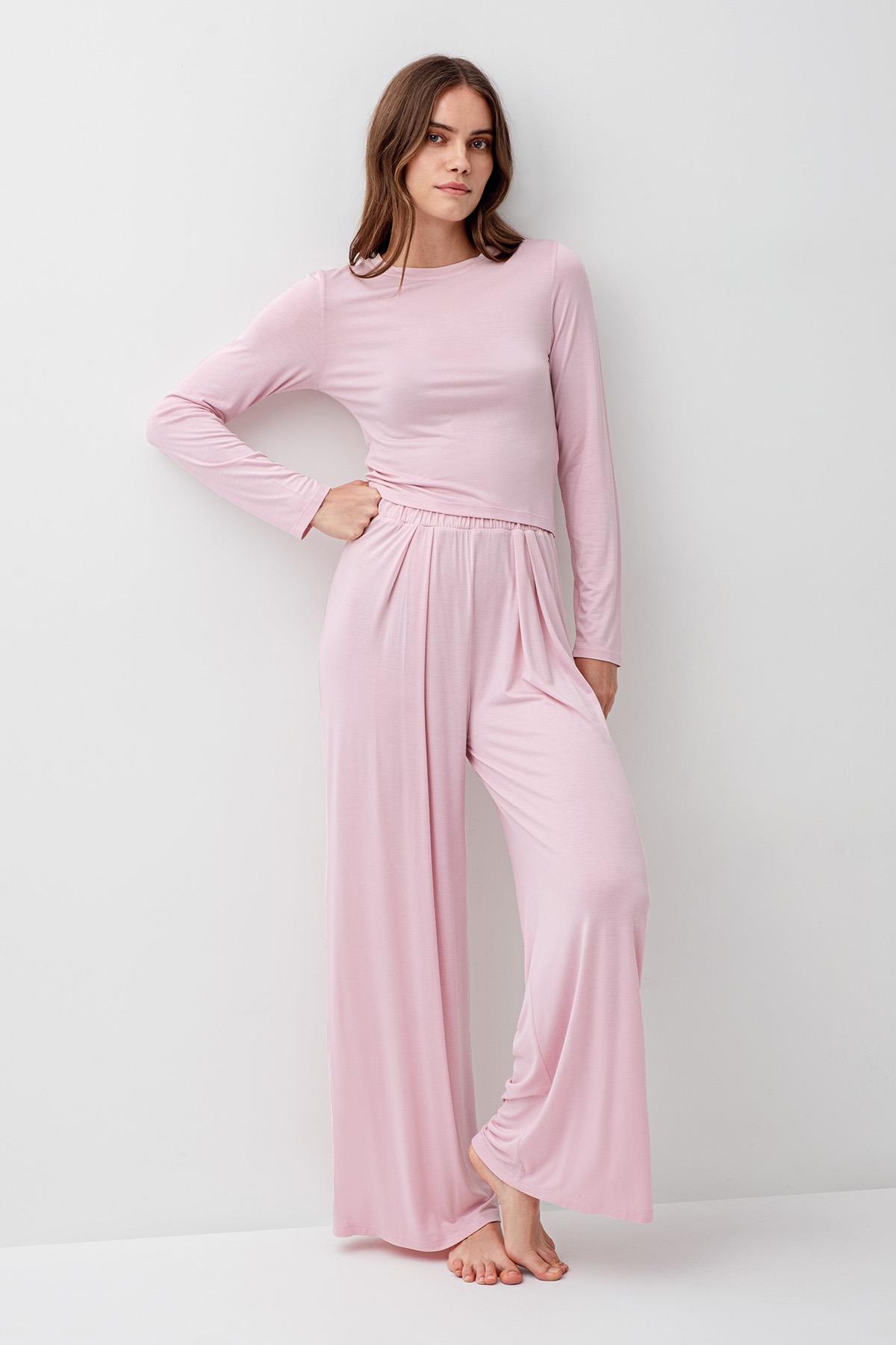 Artış Uzun Kollu Crop Bol Paça Esnek Elastanlı Viskoz Soft Pijama Takım 18210