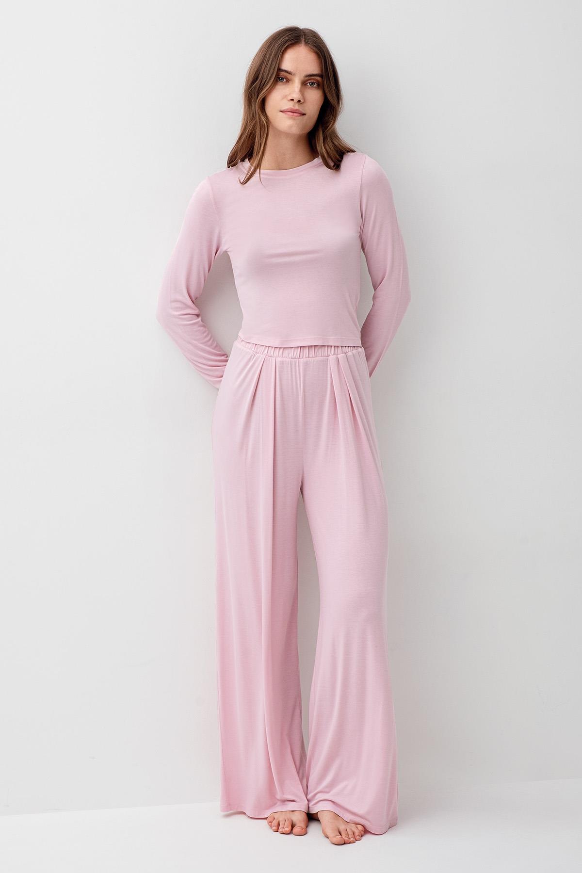 Artış Uzun Kollu Crop Bol Paça Esnek Elastanlı Viskoz Soft Pijama Takım 18210 görsel 2