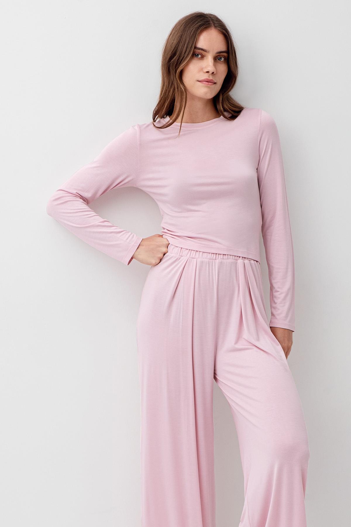 Artış Uzun Kollu Crop Bol Paça Esnek Elastanlı Viskoz Soft Pijama Takım 18210 görsel 3