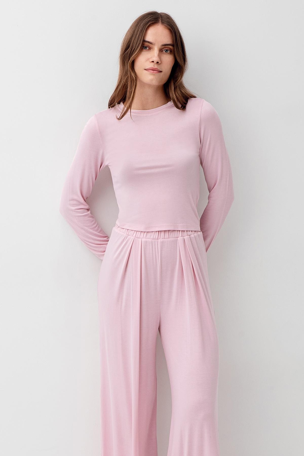 Artış Uzun Kollu Crop Bol Paça Esnek Elastanlı Viskoz Soft Pijama Takım 18210 görsel 4