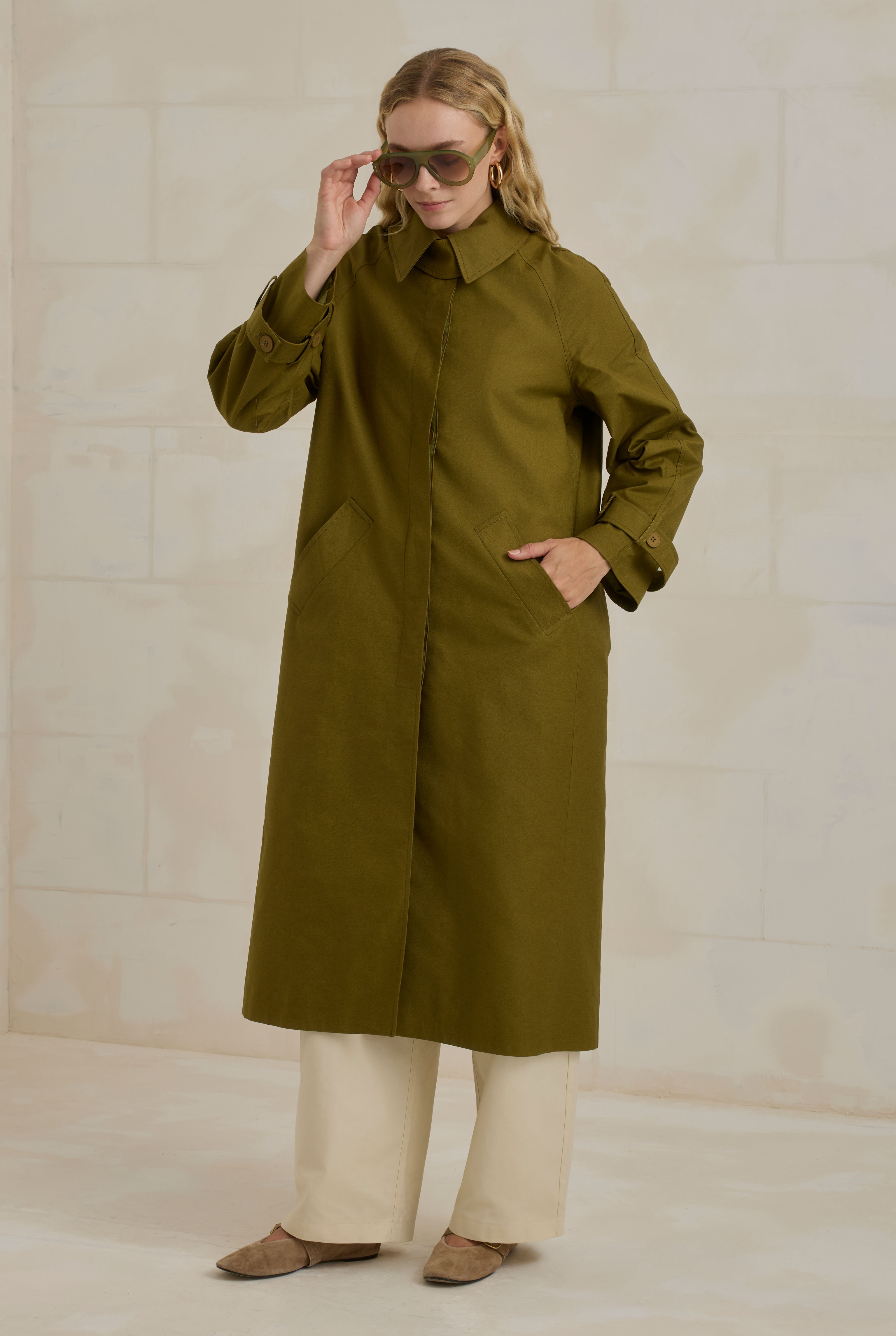 HE-QA Gabardin Trençkot Yağ Yeşili görsel 2