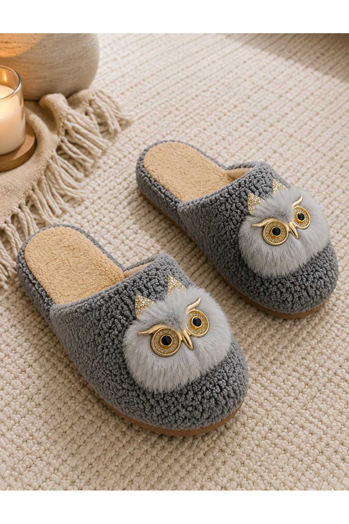 Slipcat Kadın, Baykuş Figürlü, Pelüş Konforlu, Ev Giyim, Pelüş Ev Terliği