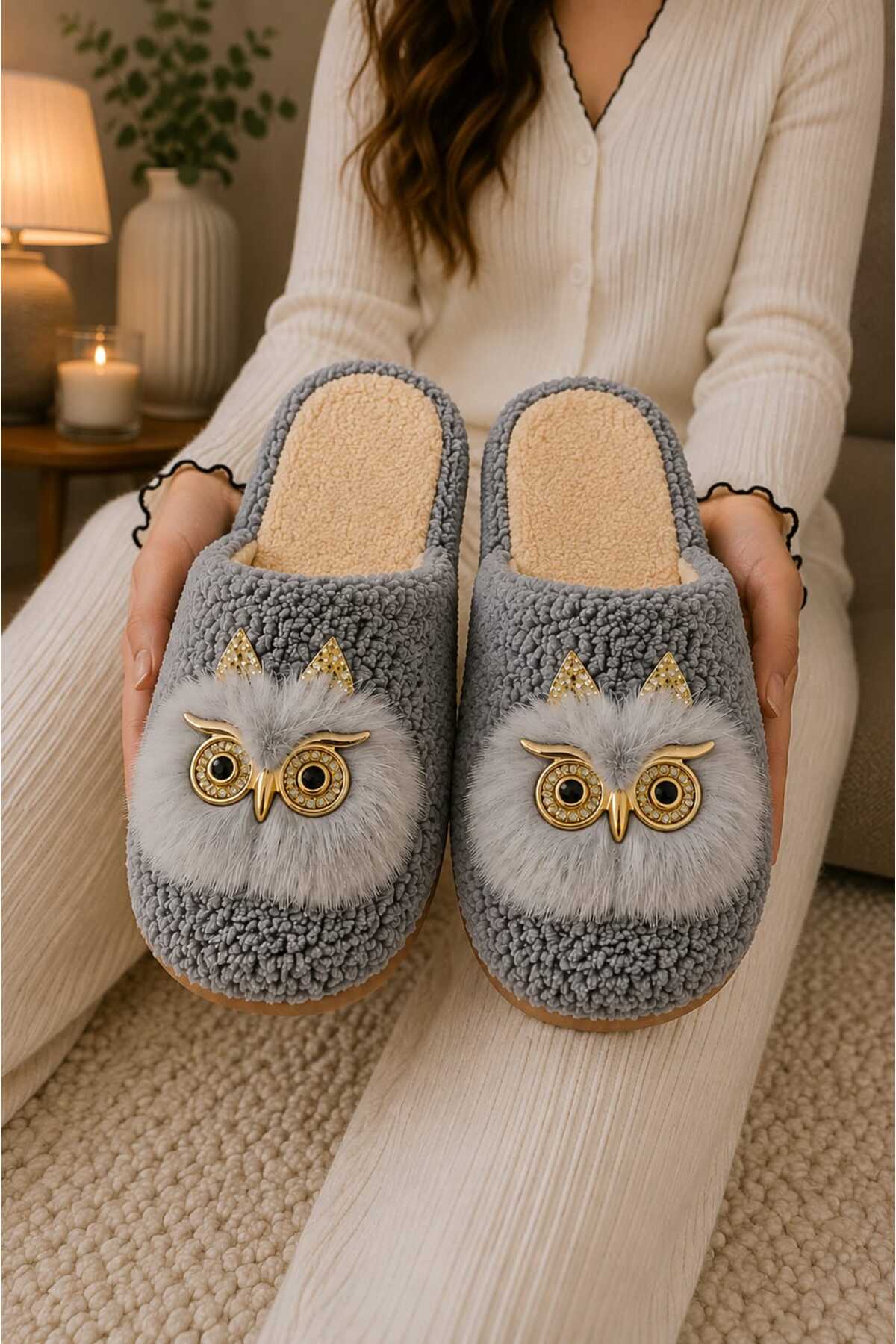 Slipcat Kadın, Baykuş Figürlü, Pelüş Konforlu, Ev Giyim, Pelüş Ev Terliği görsel 3