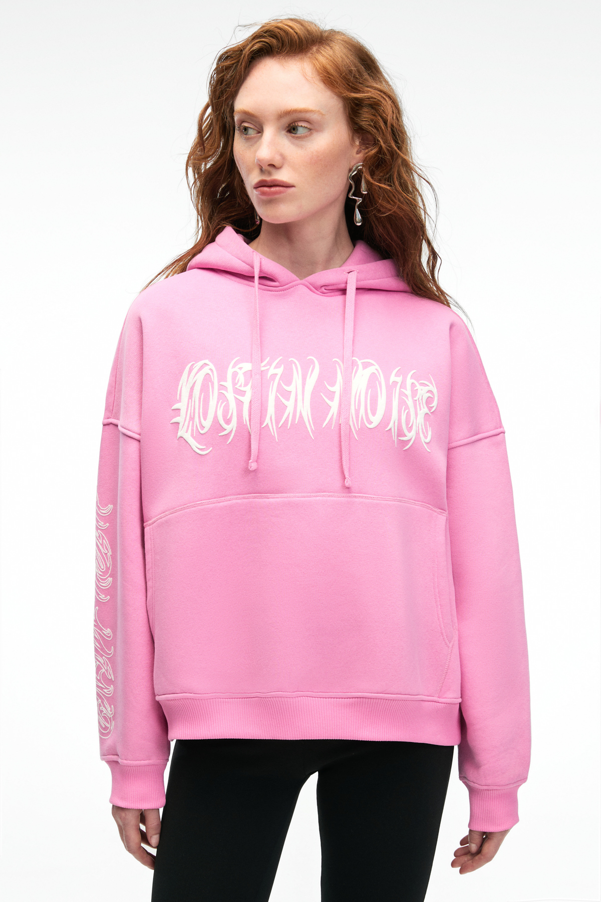GRIMELANGE ALIRAYNE Kadın Baskılı Oversize Kapüşonlu Kanguru Cep PEMBE Sweatshirt