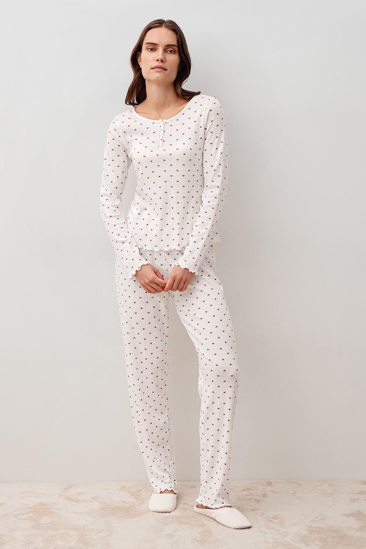 Artış Uzun Kollu Kalpli Düğmeli %100 Pamuk Pijama Takım 20205