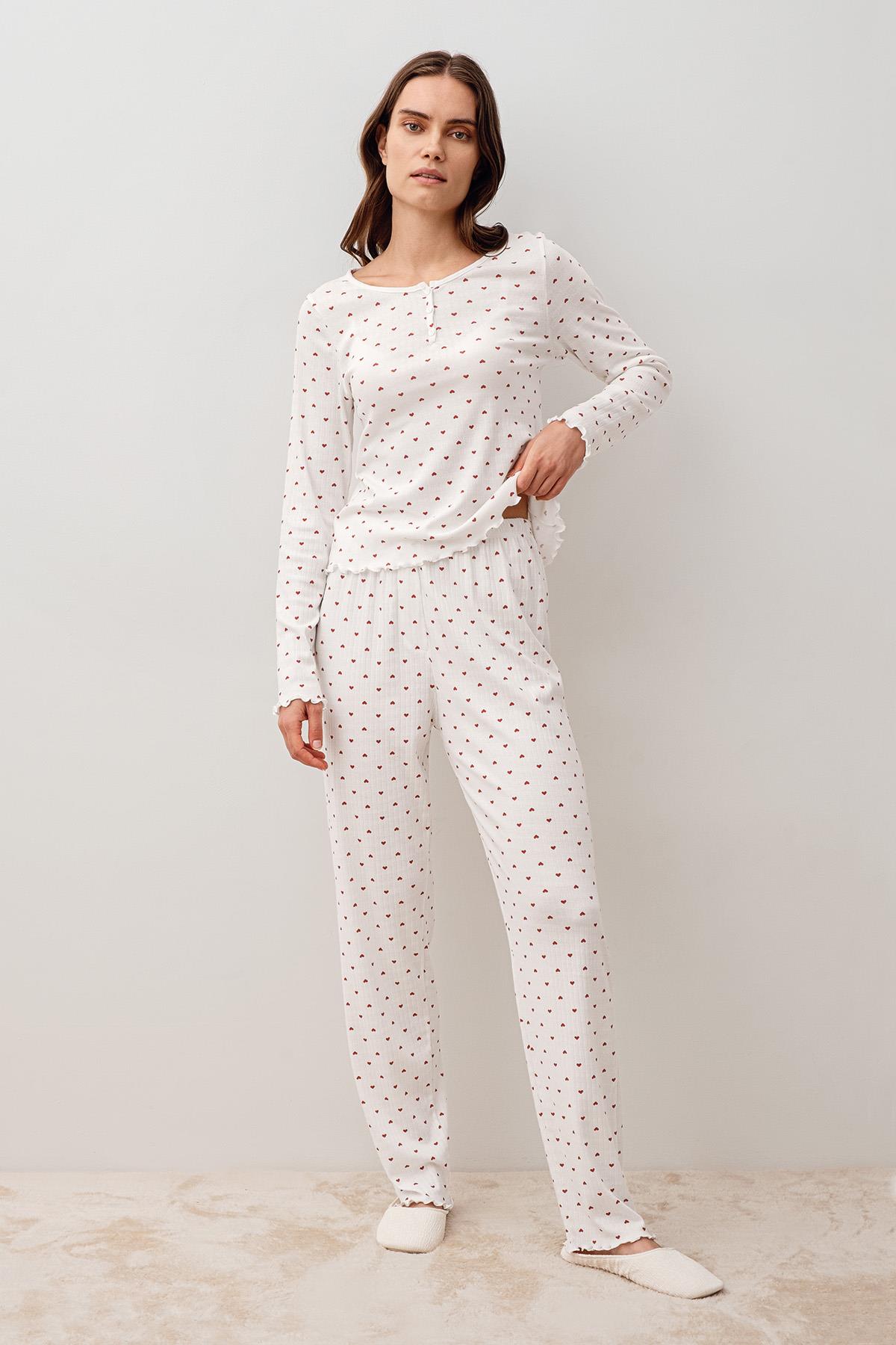 Artış Uzun Kollu Kalpli Düğmeli %100 Pamuk Pijama Takım 20205 görsel 2