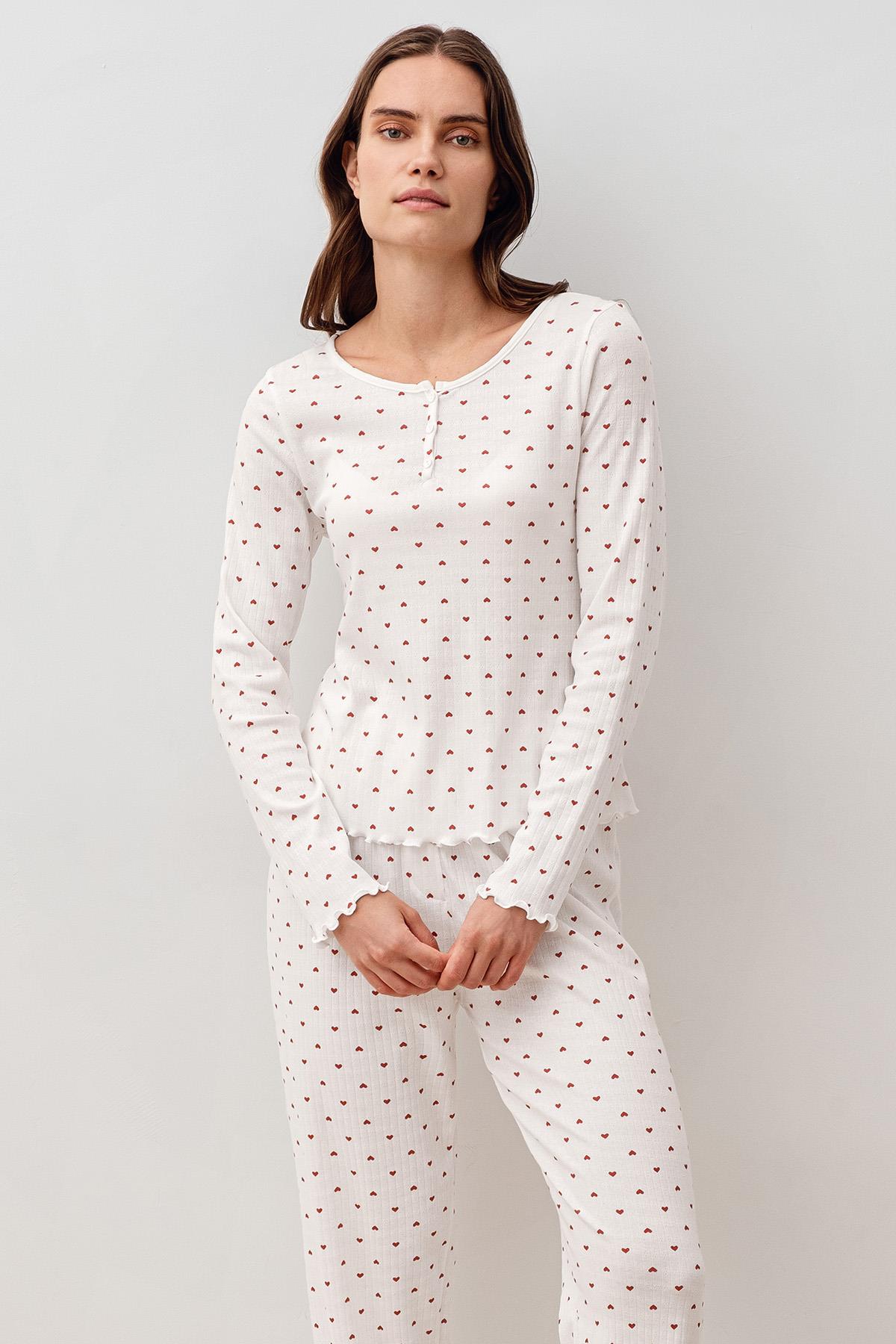 Artış Uzun Kollu Kalpli Düğmeli %100 Pamuk Pijama Takım 20205 görsel 4