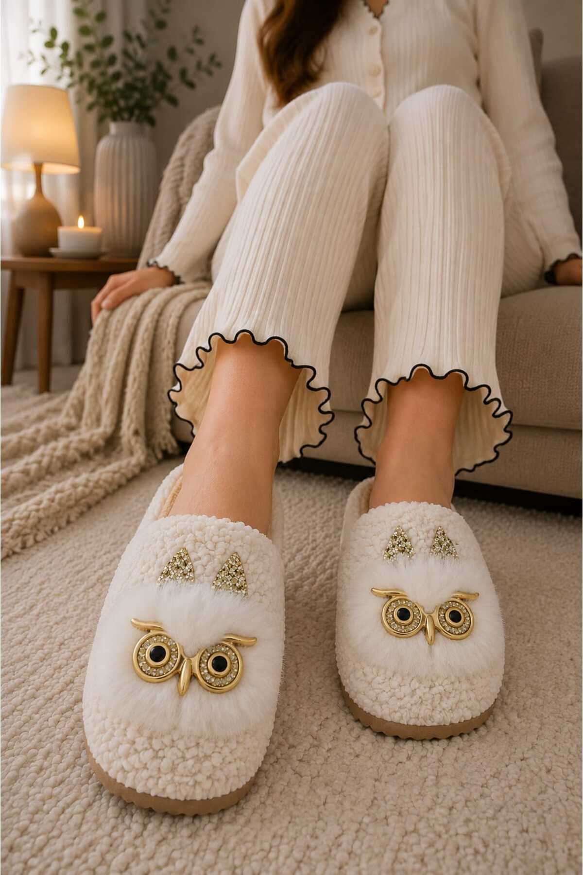 Slipcat Kadın, Baykuş Figürlü, Pelüş Konforlu, Ev Giyim, Pelüş Ev Terliği görsel 2