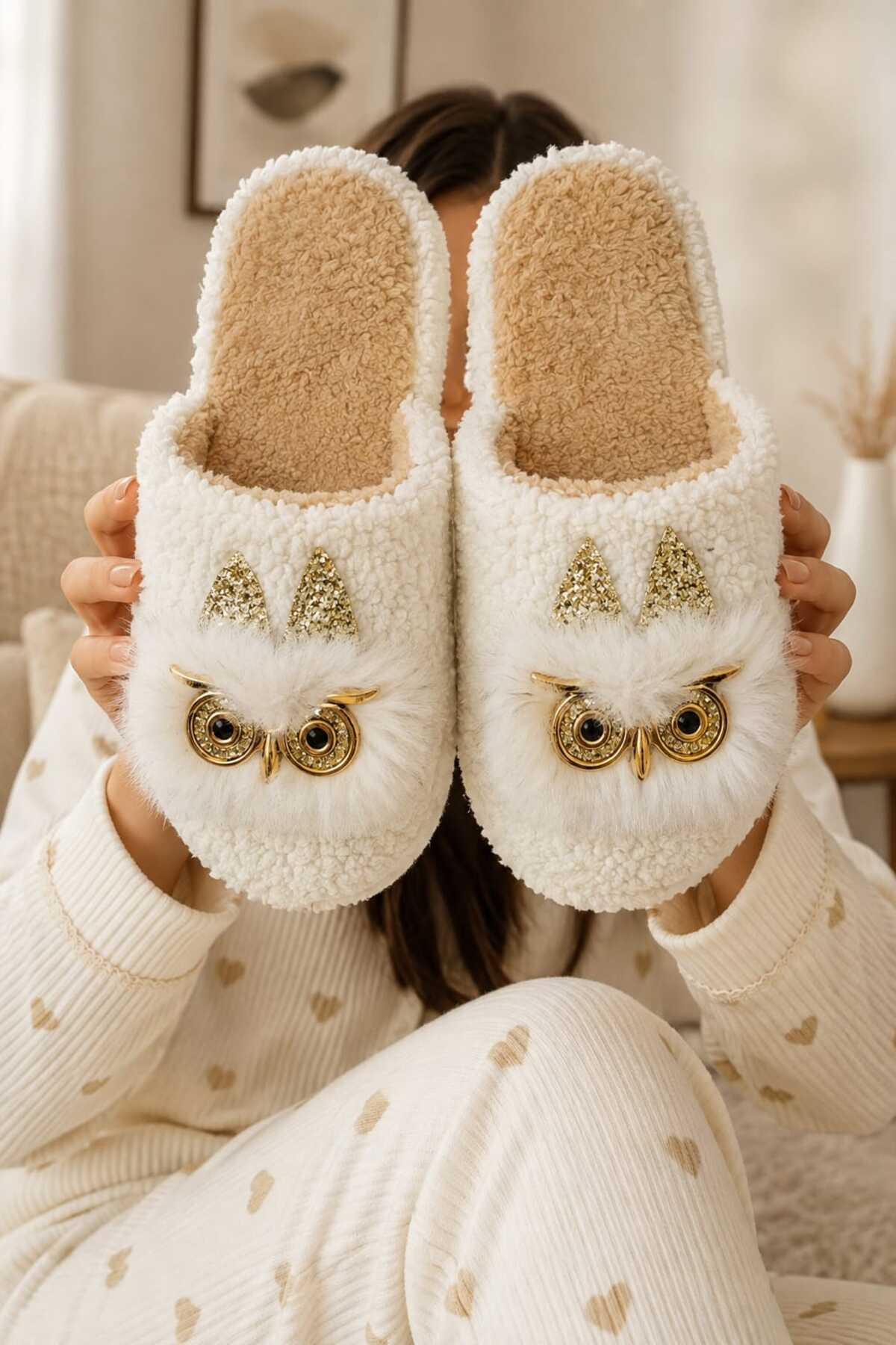 Slipcat Kadın, Baykuş Figürlü, Pelüş Konforlu, Ev Giyim, Pelüş Ev Terliği görsel 4