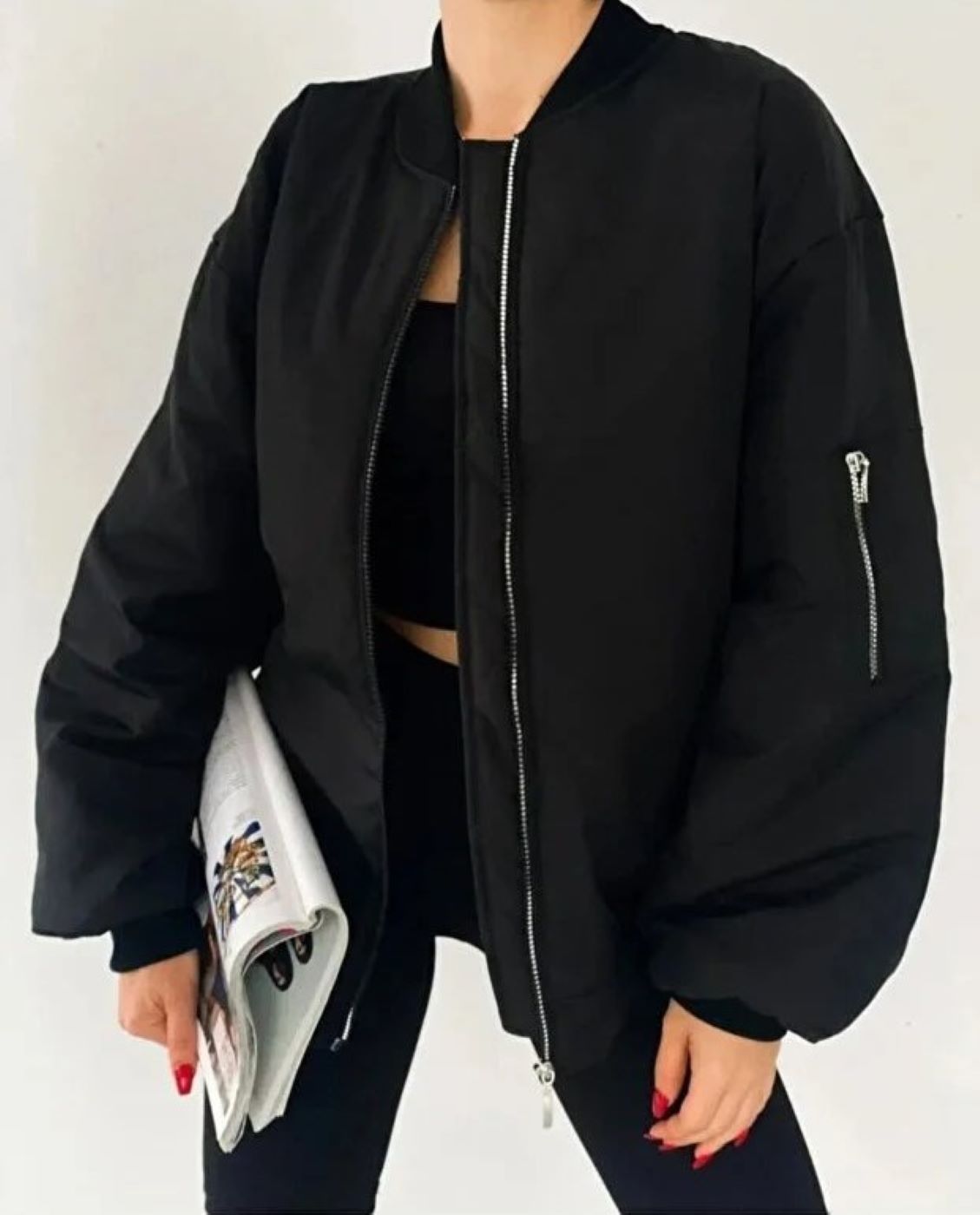 ginger love Kadın Oversize Şişme Bomber Ceket, Fermuarlı Siyah Kolej Yaka