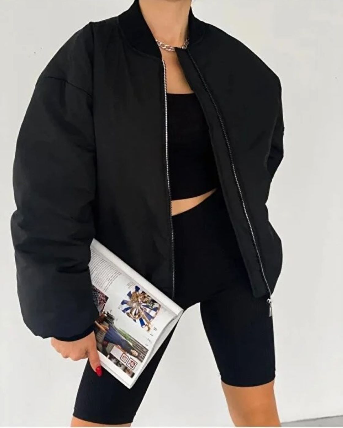 ginger love Kadın Oversize Şişme Bomber Ceket, Fermuarlı Siyah Kolej Yaka görsel 2