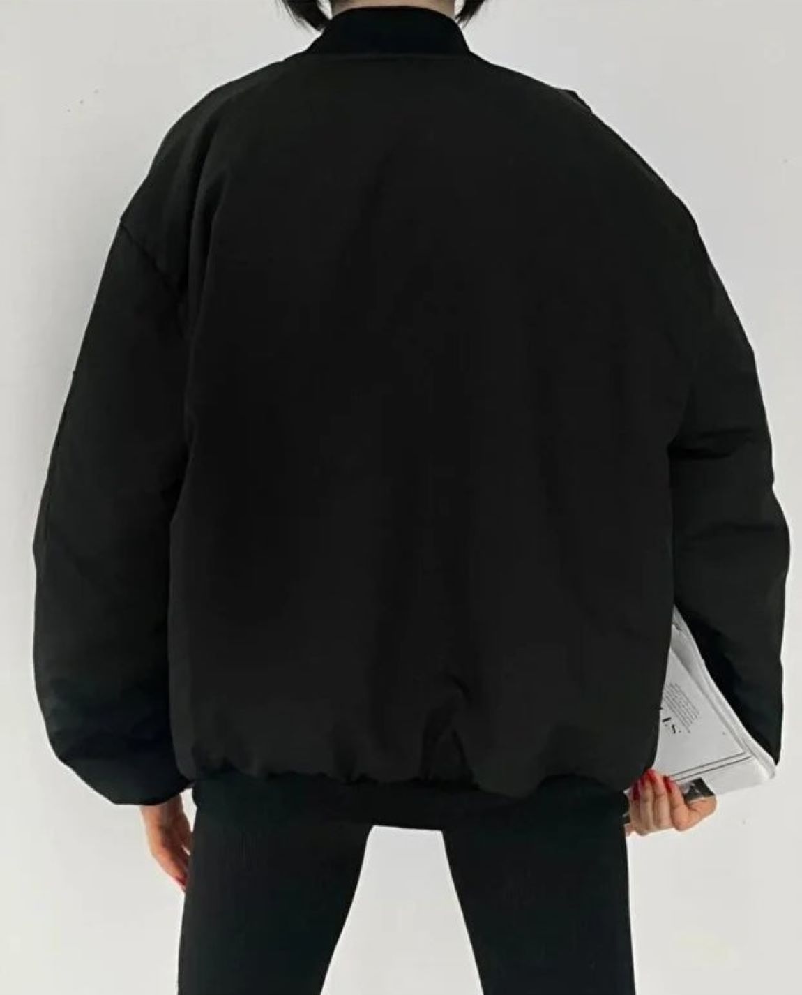 ginger love Kadın Oversize Şişme Bomber Ceket, Fermuarlı Siyah Kolej Yaka görsel 3