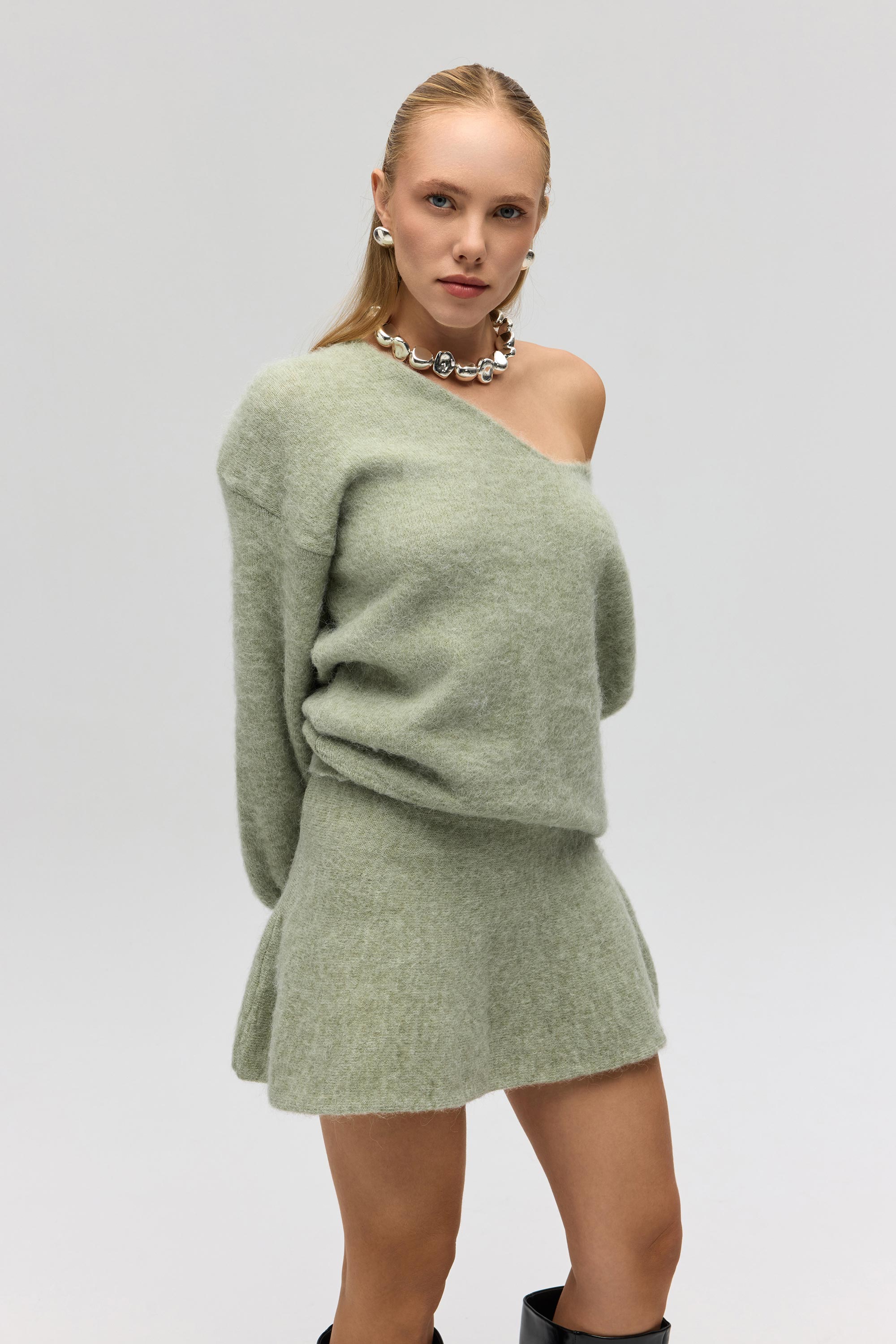 Mai Collection Nordis Volanlı Yeşil Triko Mini Etek görsel 4