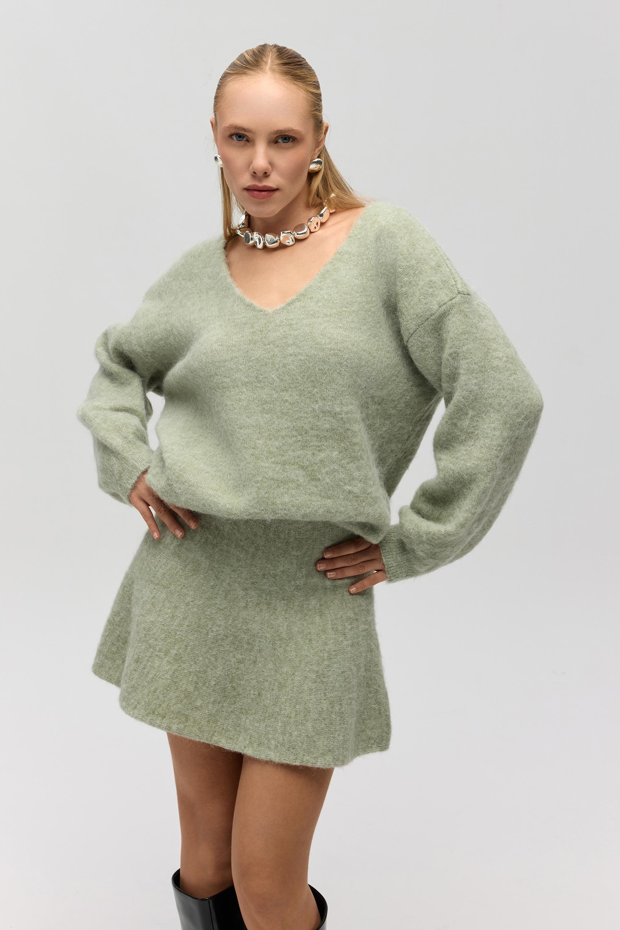 Mai Collection Nordis Volanlı Yeşil Triko Mini Etek görsel 6