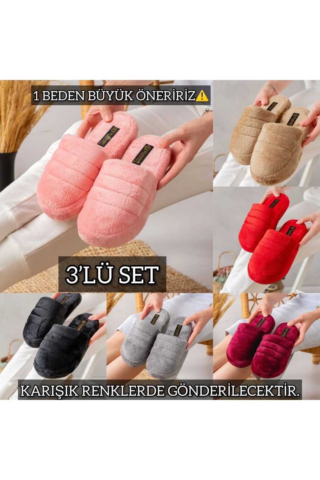Slipcat 3'lü Sessiz Taban Kadın Terlik Kapalı Ev Terliği Misafir Terliği Çeyiz Bohça Terliği