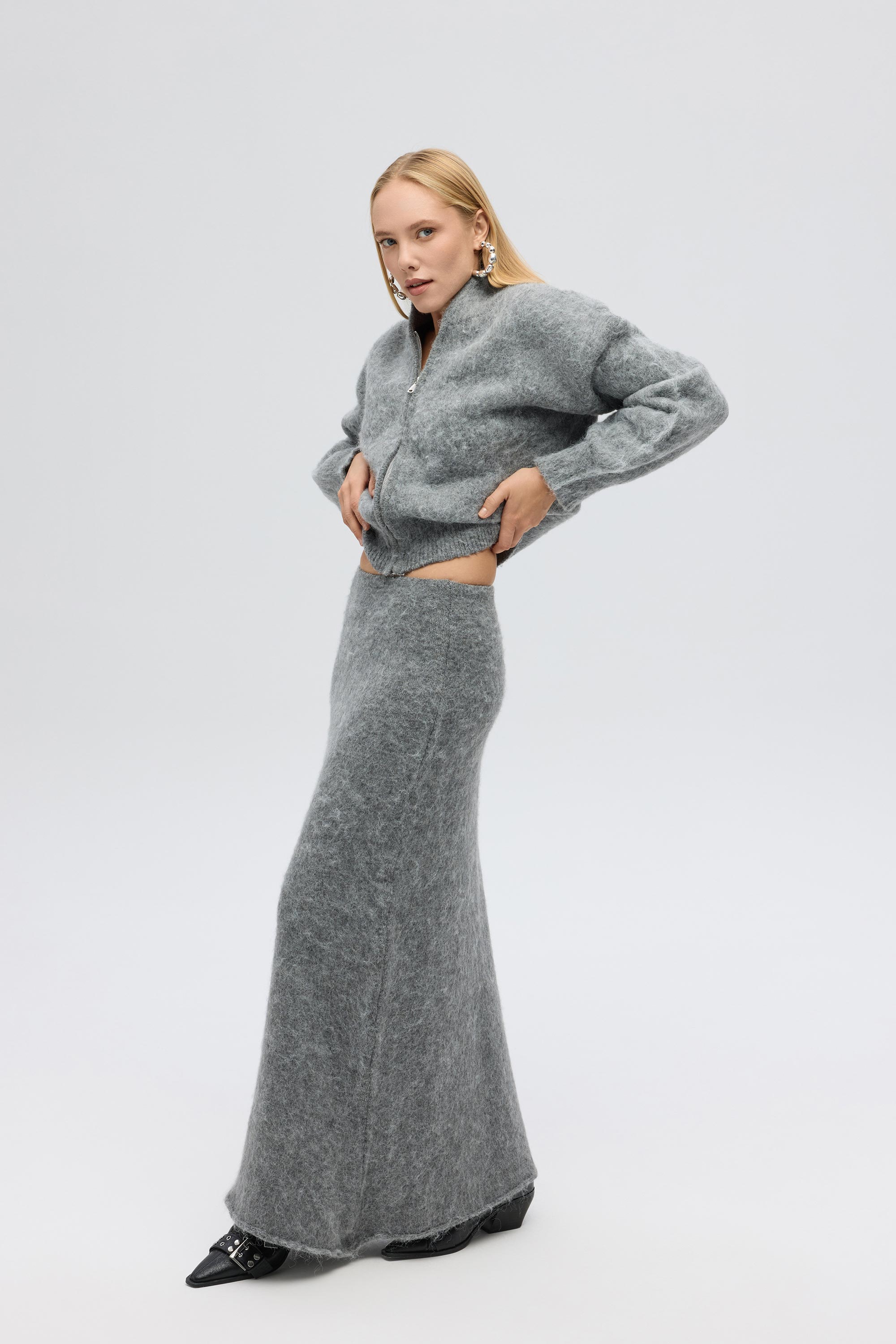 Mai Collection Nivra Gri Uzun Triko Etek görsel 7