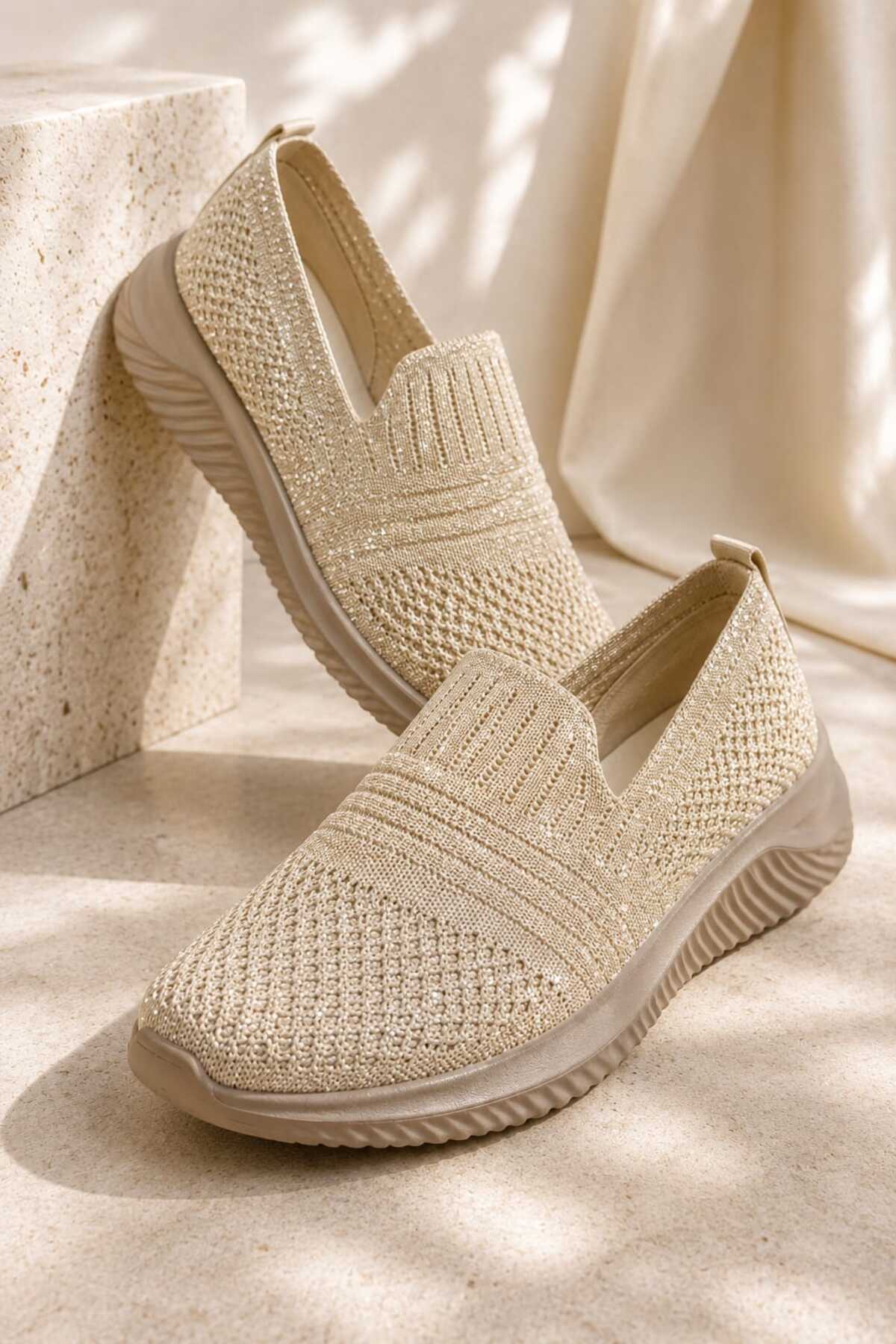 Slipcat Kadın Simli Triko Slip-On Günlük Sneaker Hafif Konfor Yürüyüş Ayakkabısı