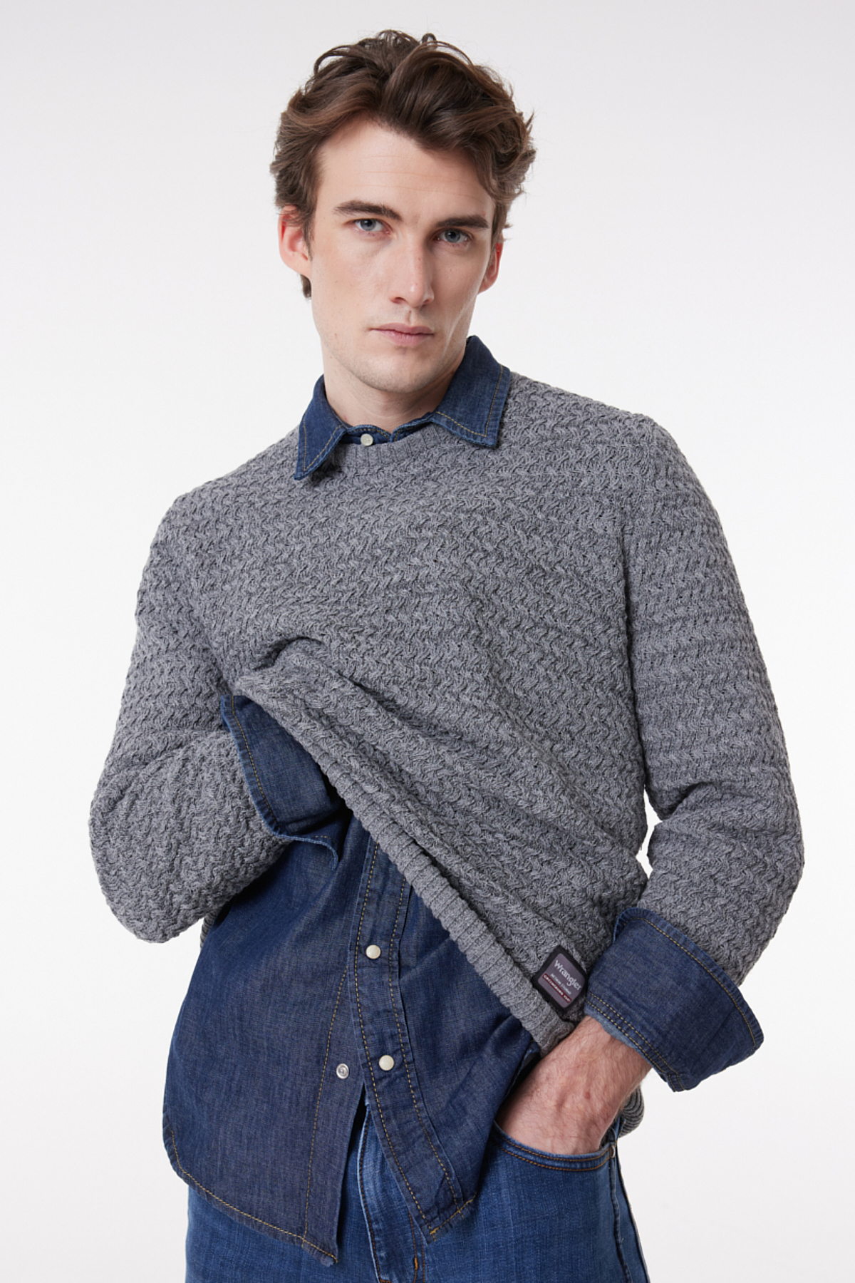 Wrangler Regular Fit Bisiklet Yaka Gri Melanj Triko Kazak görsel 2