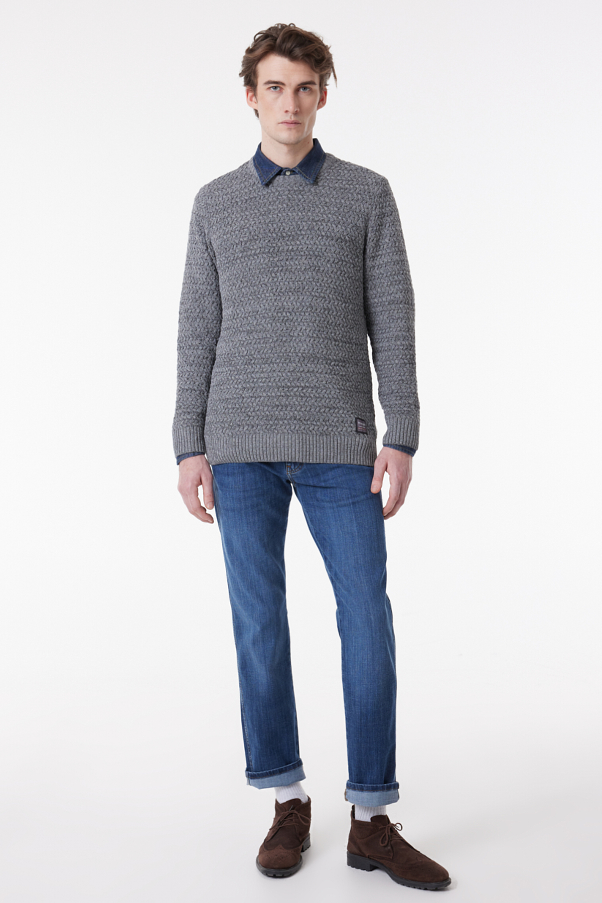 Wrangler Regular Fit Bisiklet Yaka Gri Melanj Triko Kazak görsel 3