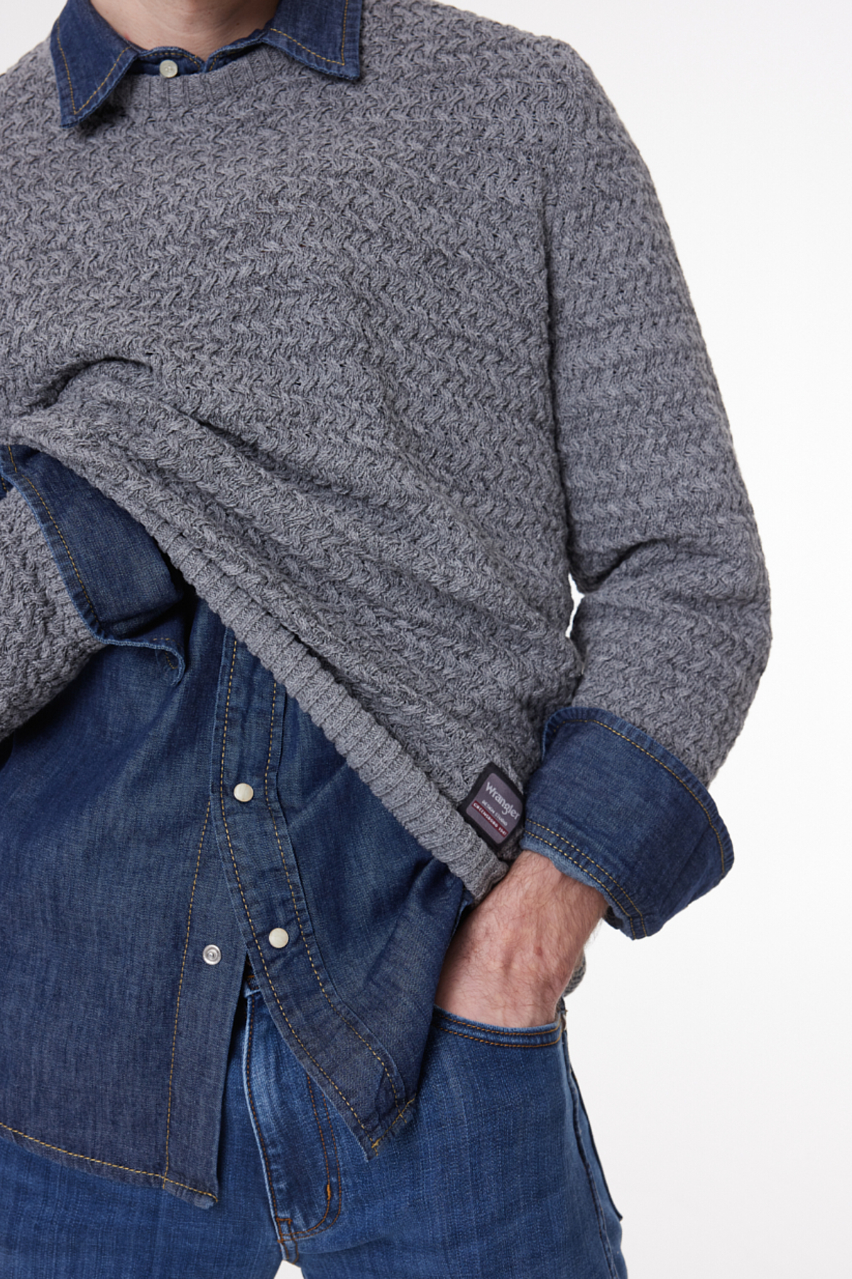 Wrangler Regular Fit Bisiklet Yaka Gri Melanj Triko Kazak görsel 6