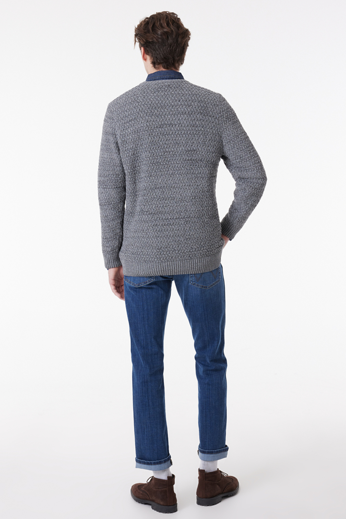 Wrangler Regular Fit Bisiklet Yaka Gri Melanj Triko Kazak görsel 7