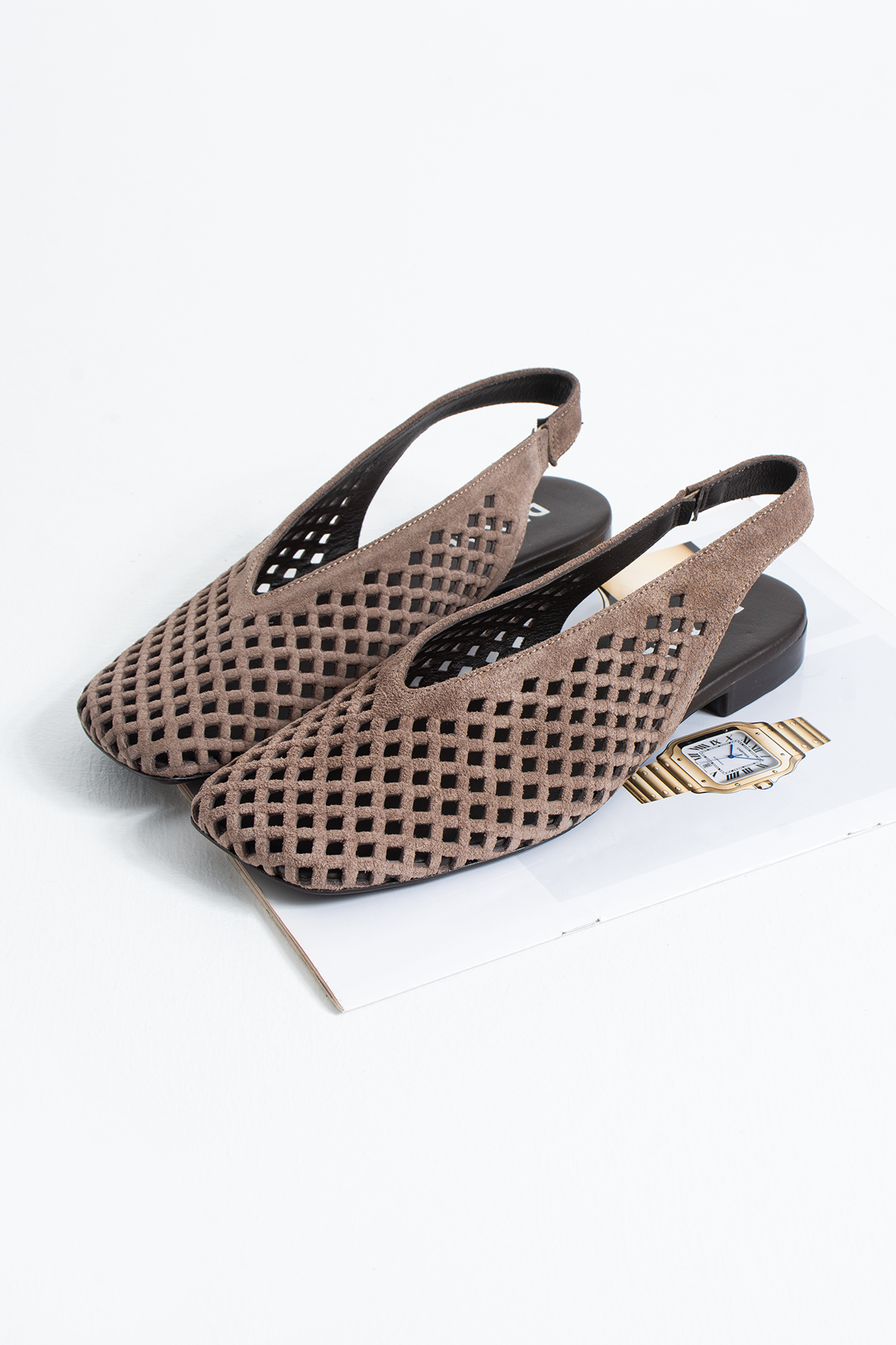 DUXAL SHOES Flavia Hakiki Deri Lazer Kesim Örgü Desenli Slingback Kadın Sandalet Babet