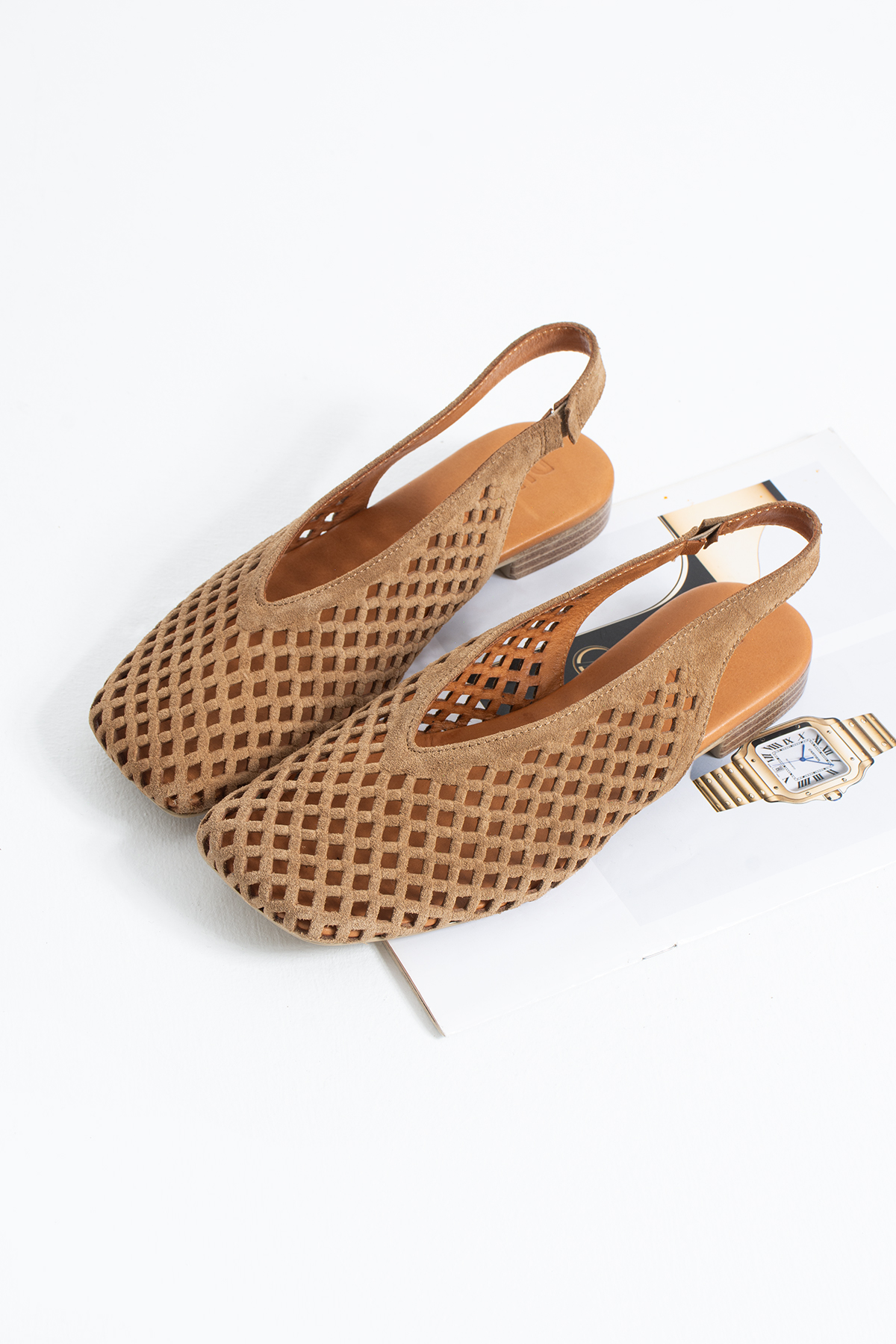 DUXAL SHOES Flavia Hakiki Deri Lazer Kesim Örgü Desenli Slingback Kadın Sandalet Babet