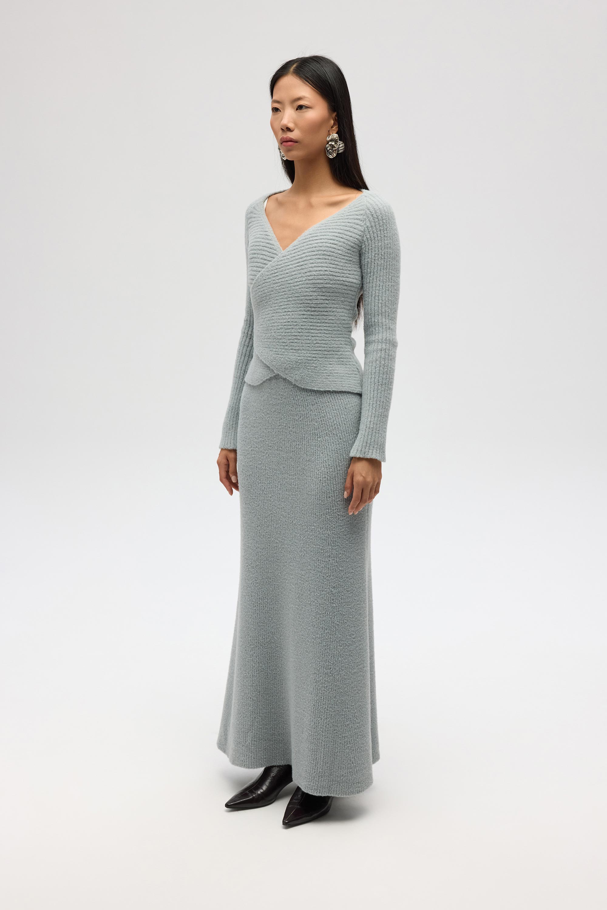 Mai Collection Fluff Bağlamalı Gri Üst-Etek Takım görsel 3