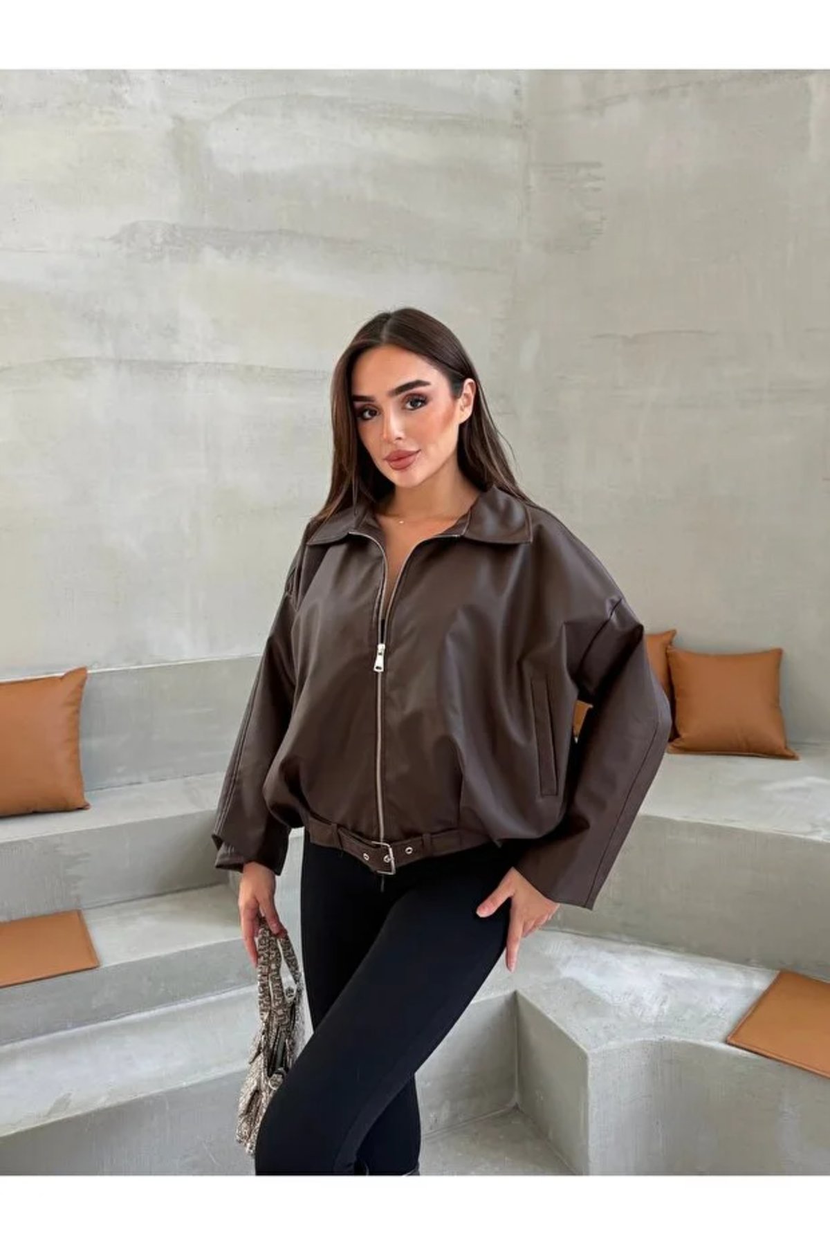 ginger love Kadın Kahverengi Fermuarlı Deri Oversize Mont görsel 3
