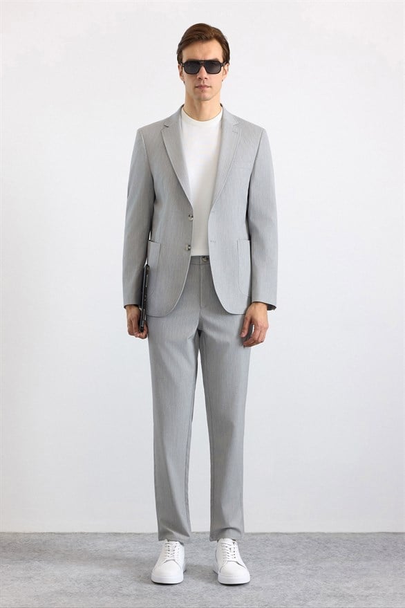 Süvari Gri Slim Mono Yaka Düz Torba Cep 6 Drop Takım Elbise