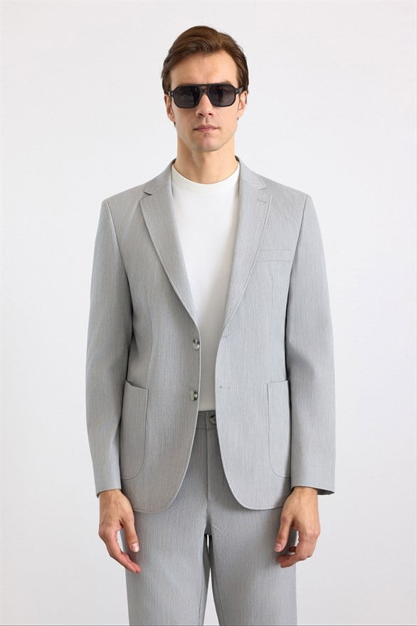 Süvari Gri Slim Mono Yaka Düz Torba Cep 6 Drop Takım Elbise görsel 3
