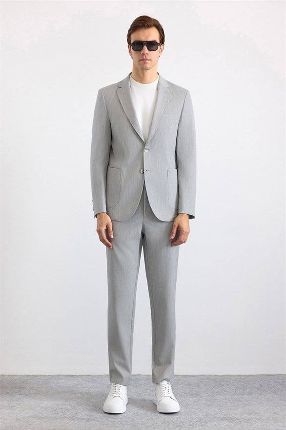 Süvari Gri Slim Mono Yaka Düz Torba Cep 6 Drop Takım Elbise görsel 8