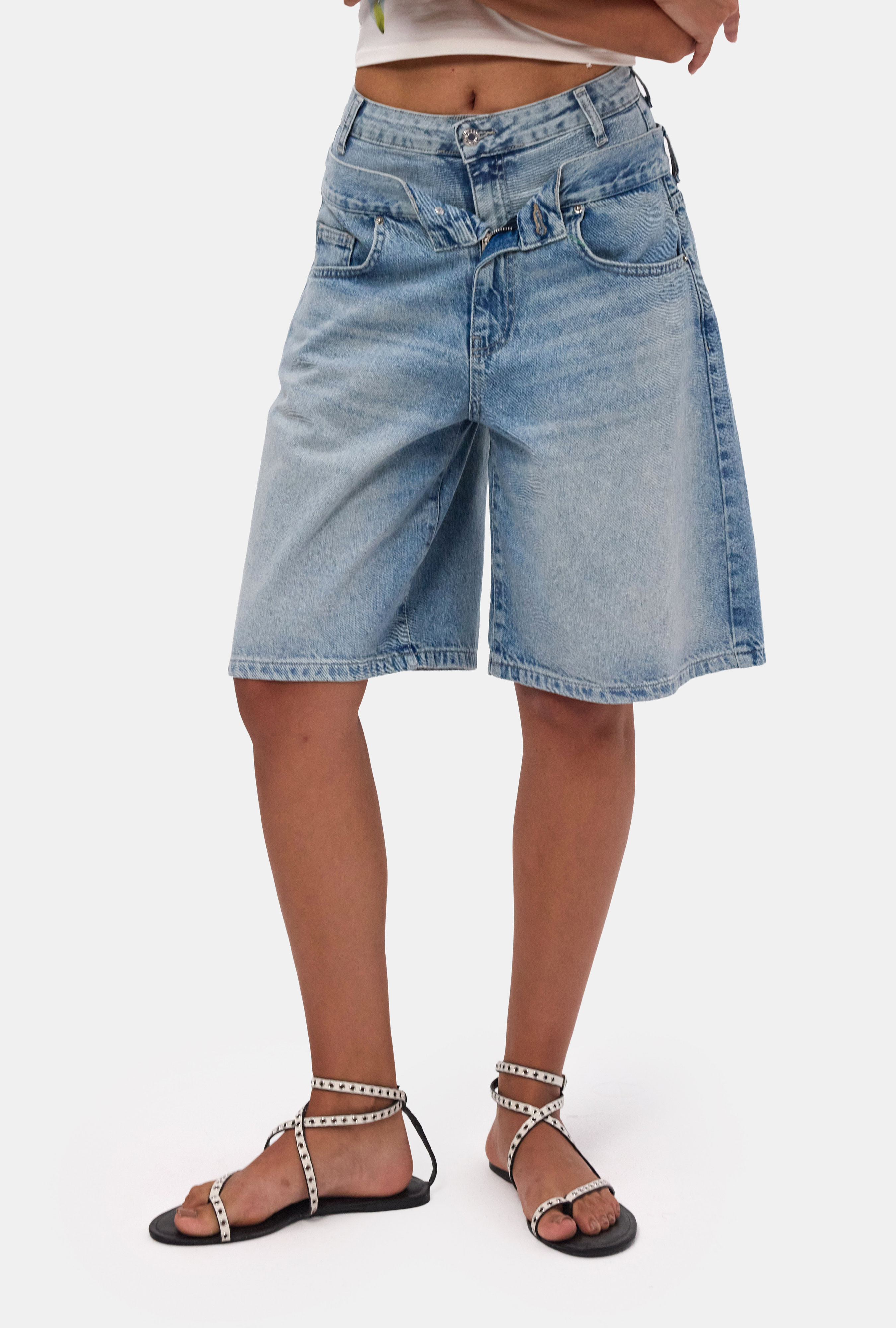 It's Basic Kadın Jean Rengi 4s6-32 Baggy Fit Yüksek Bel Tasarım Denim Bermuda Şort